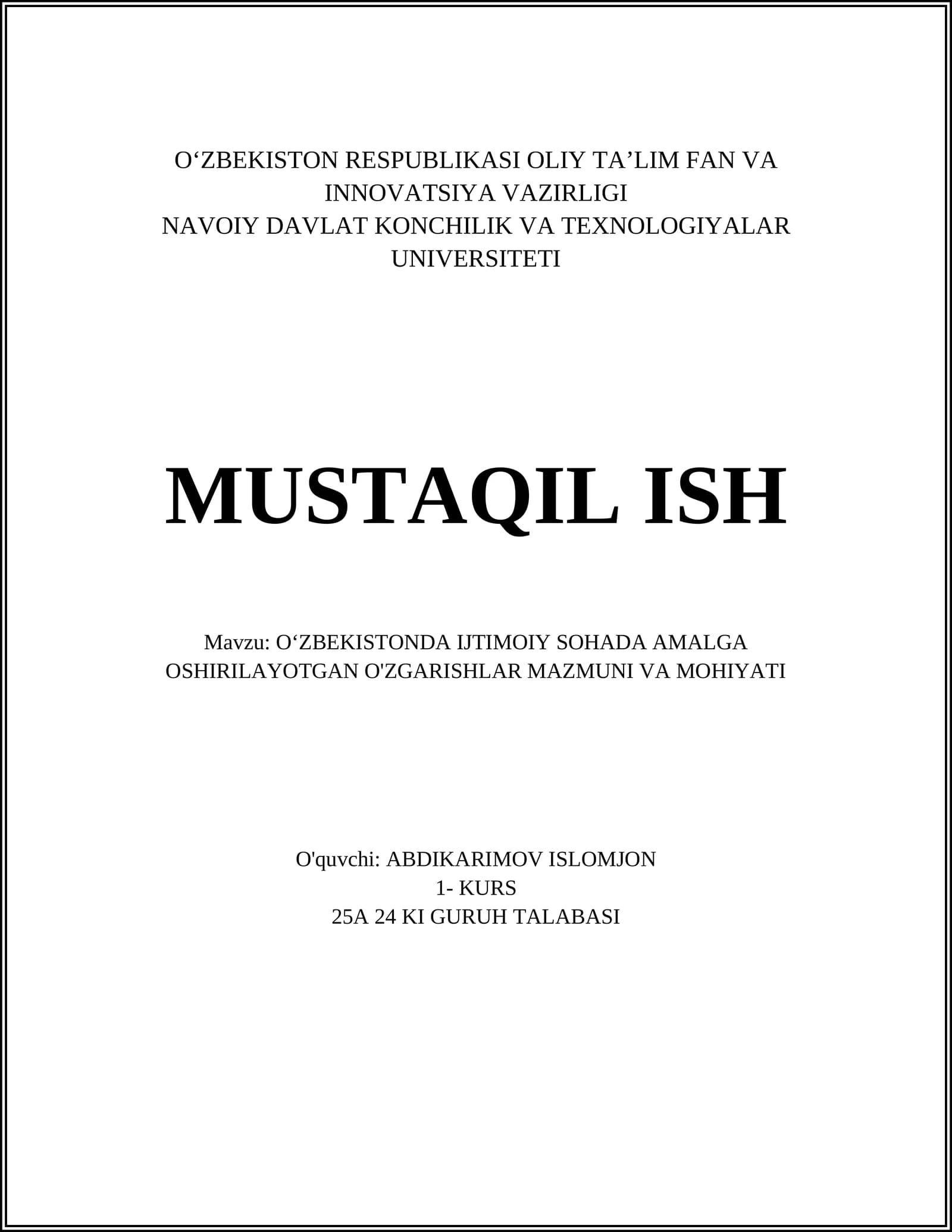 Oʻzbekistonda Ijtimoiy Sohada Amalga Oshirilayotgan O'zgarishlar Mazmuni va Mohiyati