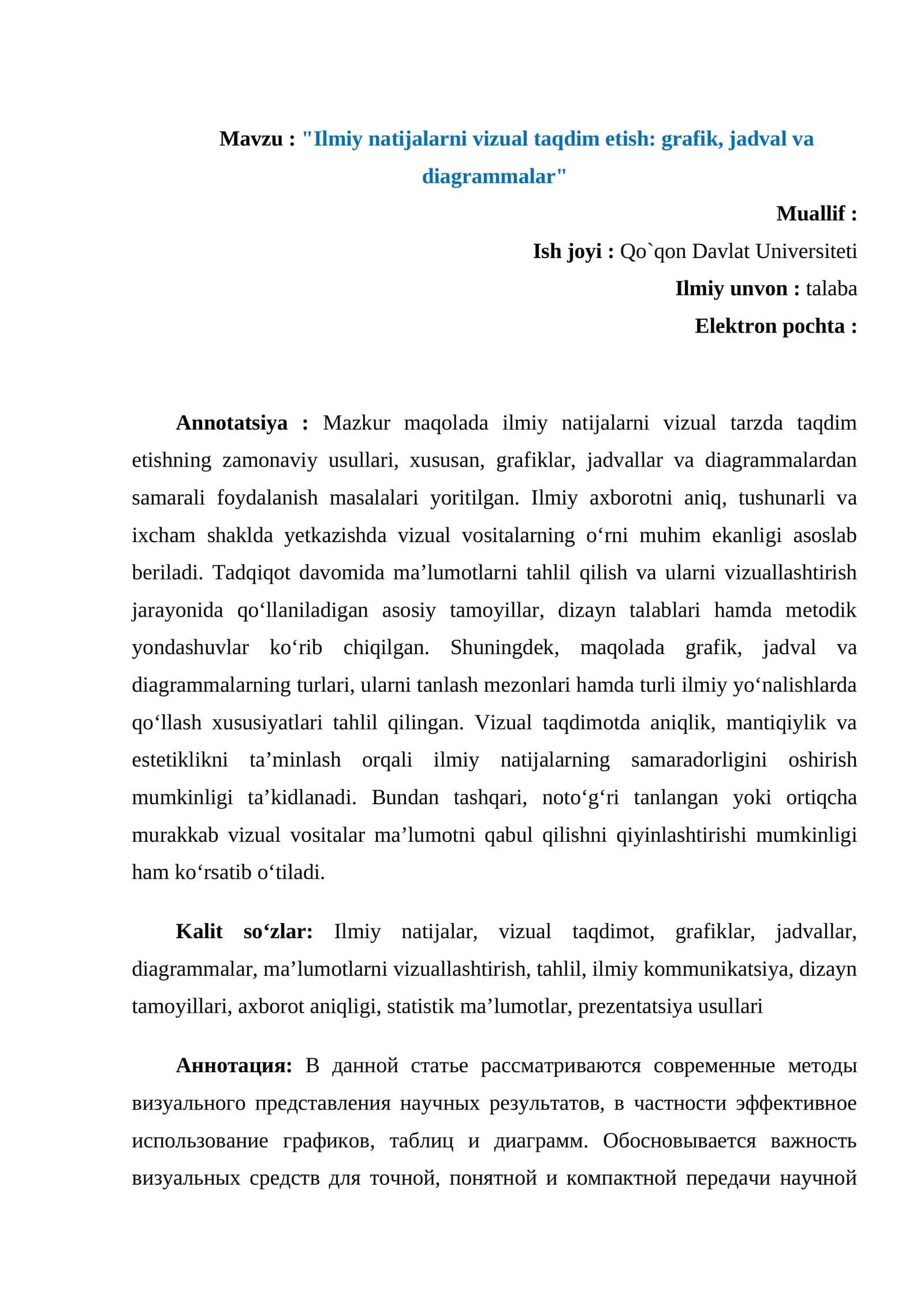 "Ilmiy natijalarni vizual taqdim etish: grafik, jadval va diagrammalar"
