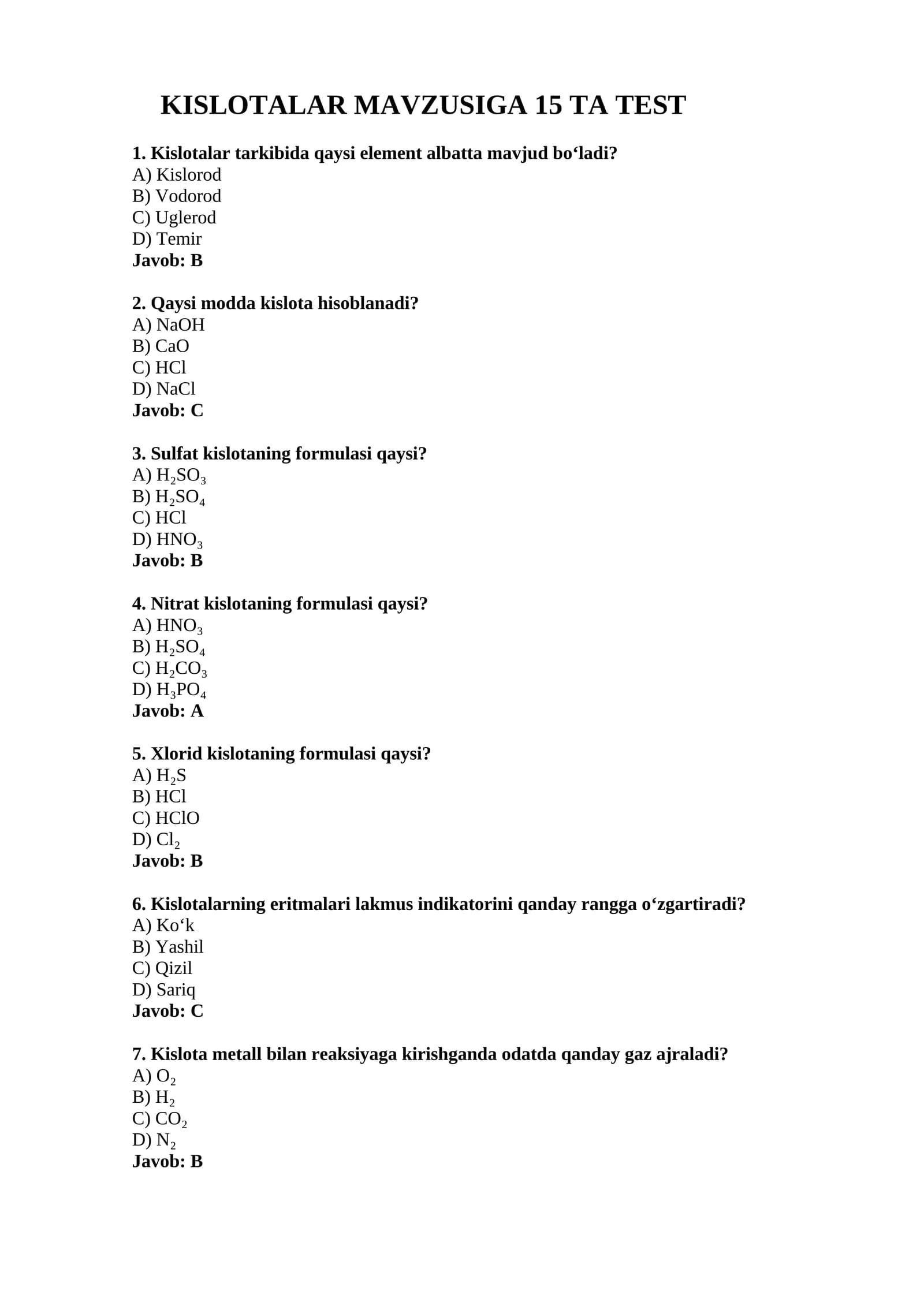 KISLOTALAR MAVZUSIGA 15 TA TEST