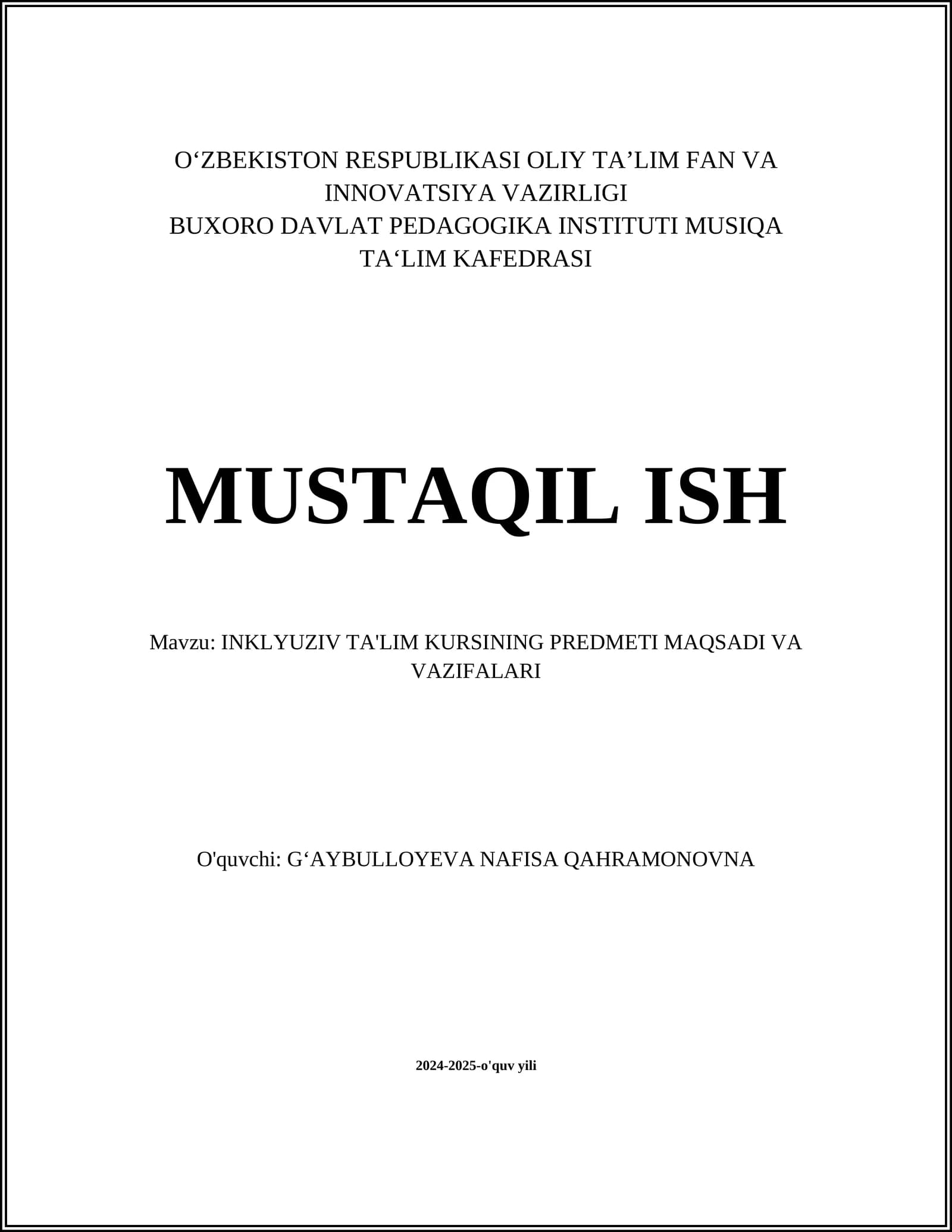 INKLYUZIV TA'LIM KURSINING PREDMETI MAQSADI VA VAZIFALARI