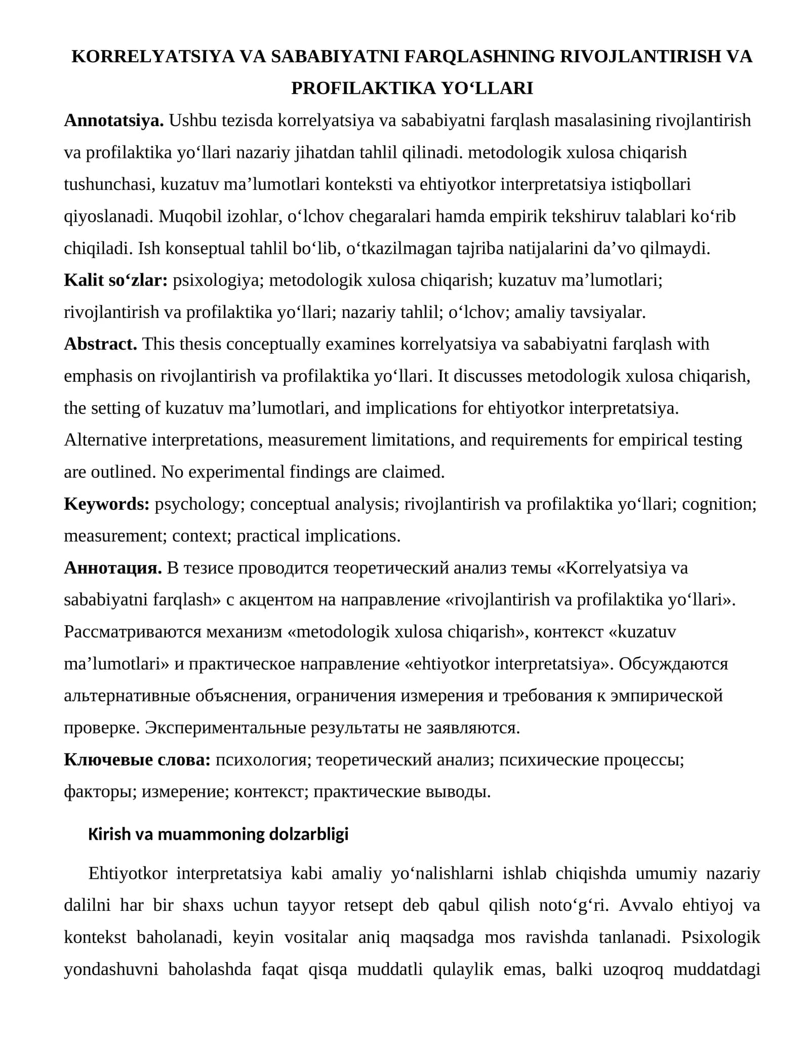 KORRELYATSIYA VA SABABIYATNI FARQLASHNING RIVOJLANTIRISH VA PROFILAKTIKA YO‘LLARI
