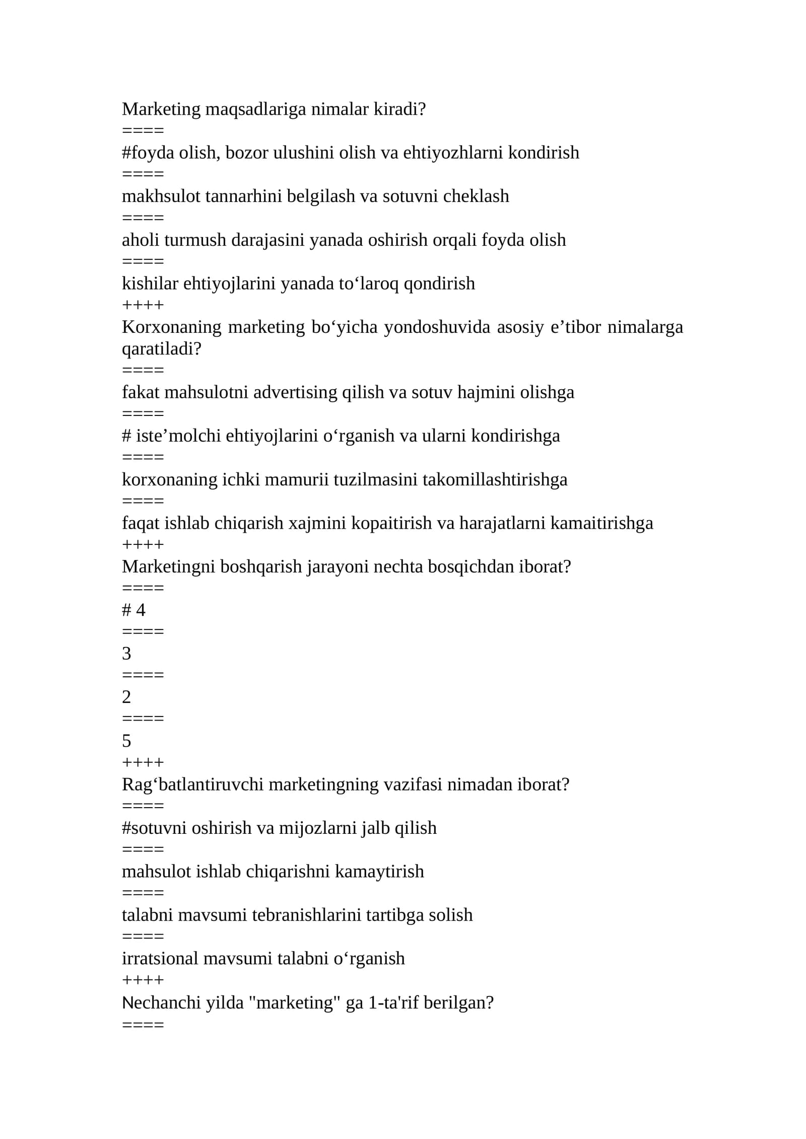marketing test savollari