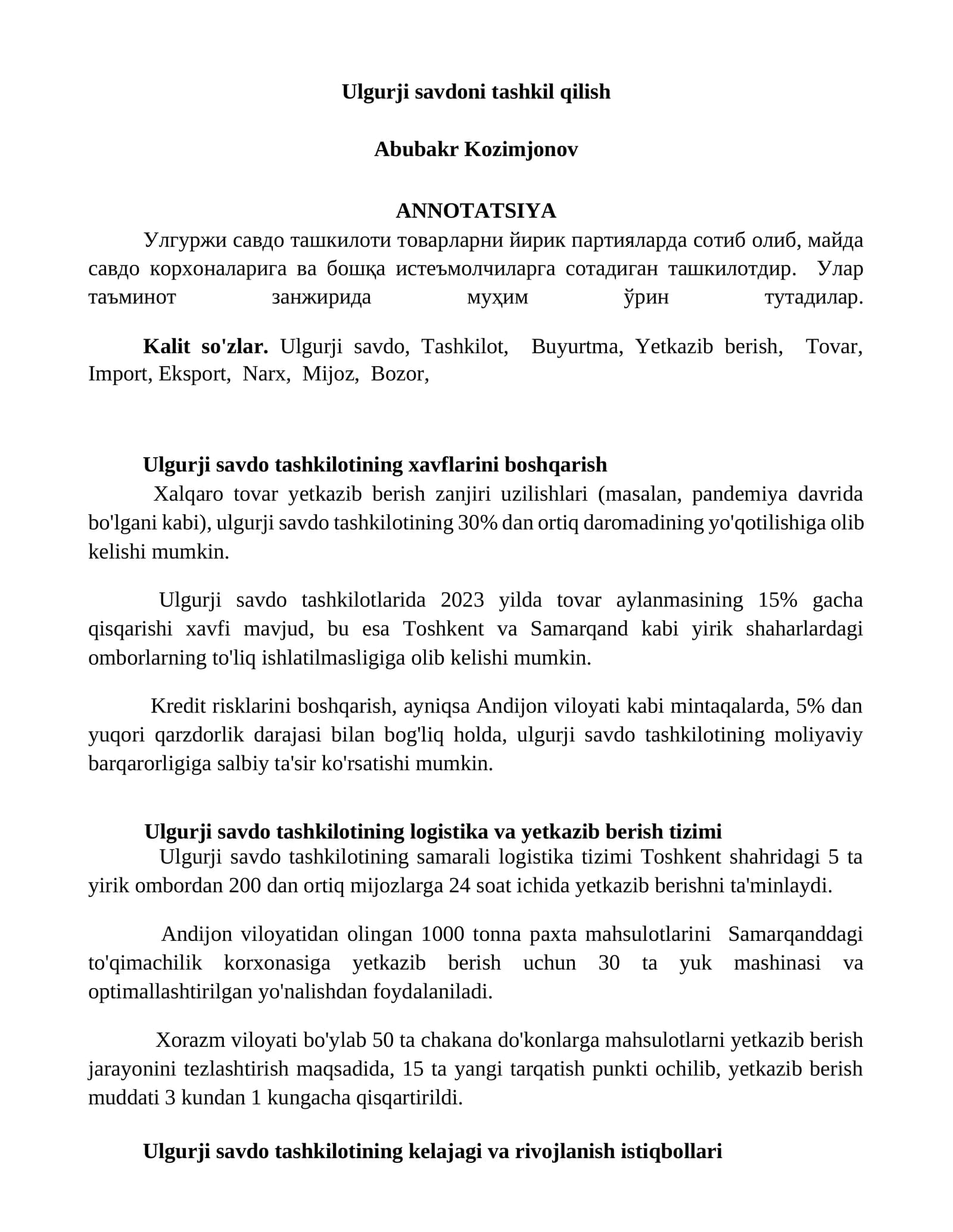 Ulgurji savdoni tashkil qilish