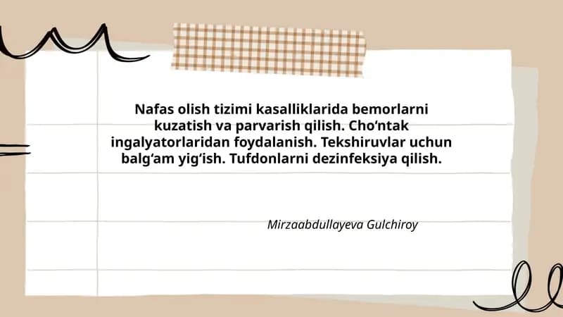 Nafas olish tizimi kasalliklarida bemorlarni kuzatish va parvarish qilish