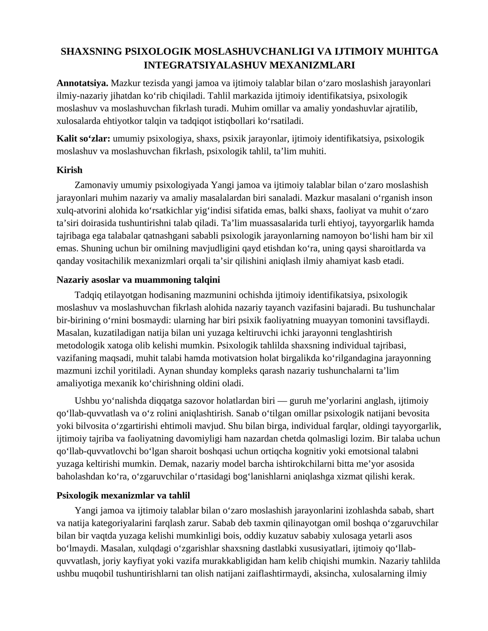 SHAXSNING PSIXOLOGIK MOSLASHUVCHANLIGI VA IJTIMOIY MUHITGA INTEGRATSIYALASHUV MEXANIZMLARI