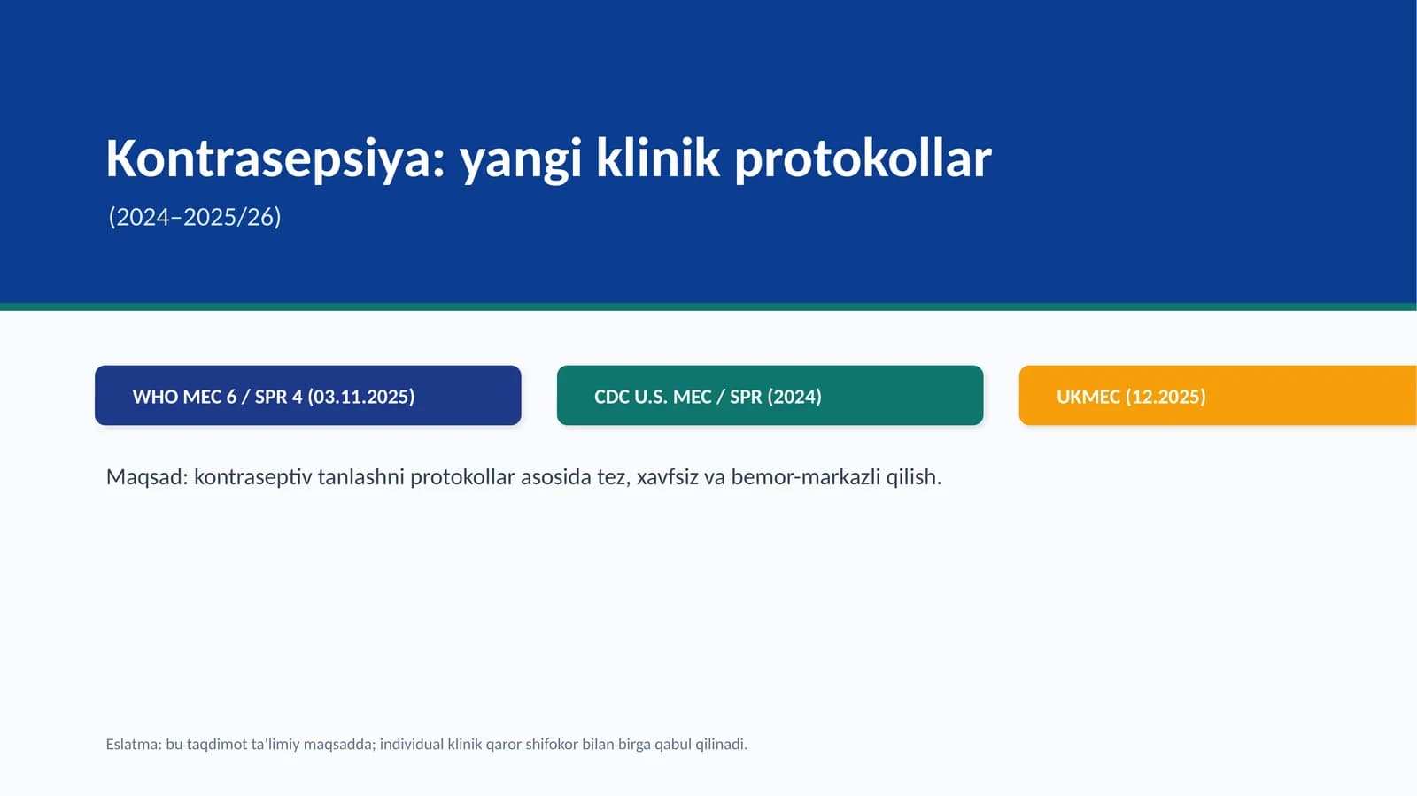 Kontrasepsiya: yangi klinik protokollar (2024–2025/26)