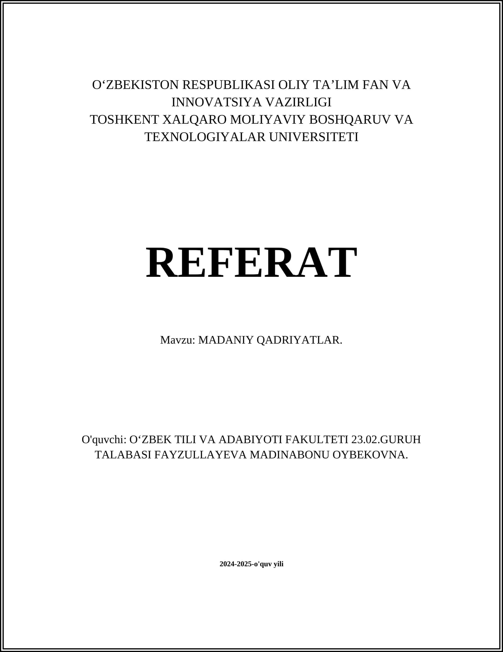 MADANIY QADRIYATLAR