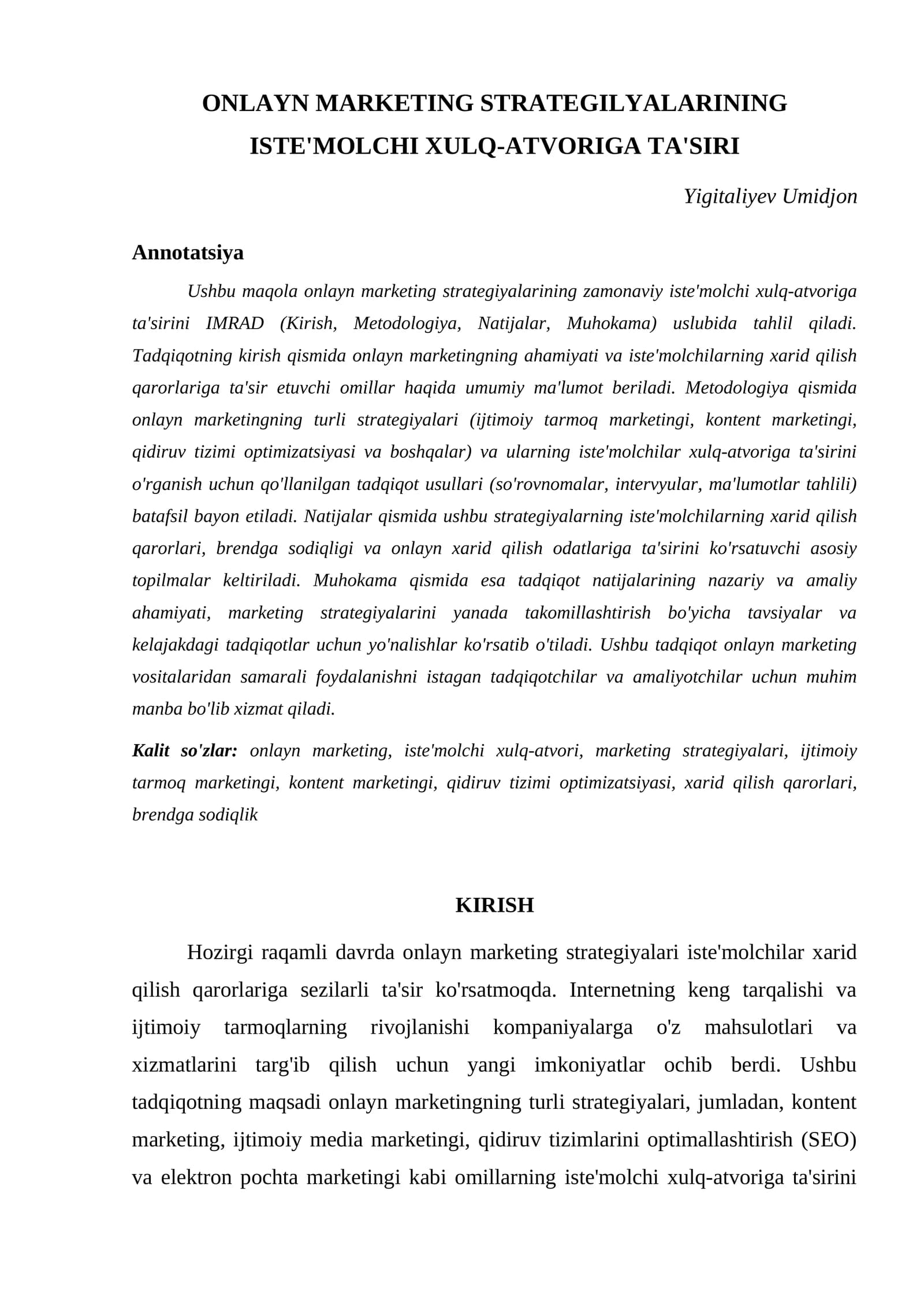 ONLAYN MARKETING STRATEGILYALARINING ISTE'MOLCHI XULQ-ATVORIGA TA'SIRI