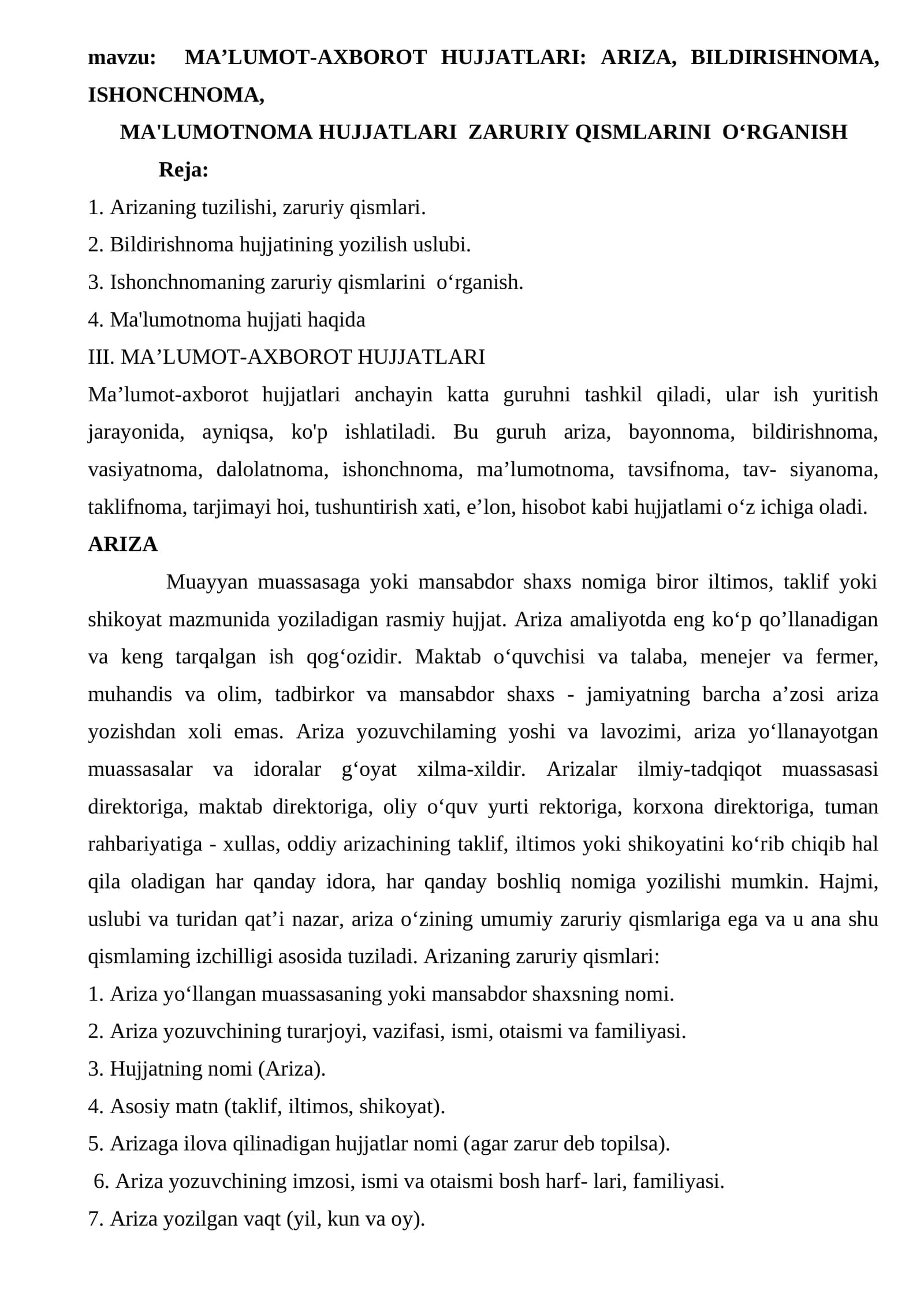 MA’LUMOT AXBOROT HUJJATLARI: ARIZA, BILDIRISHNOMA, ISHONCHNOMA,MA'LUMOTNOMA HUJJATLARI  ZARURIY QISMLARINI  O‘RGANISH