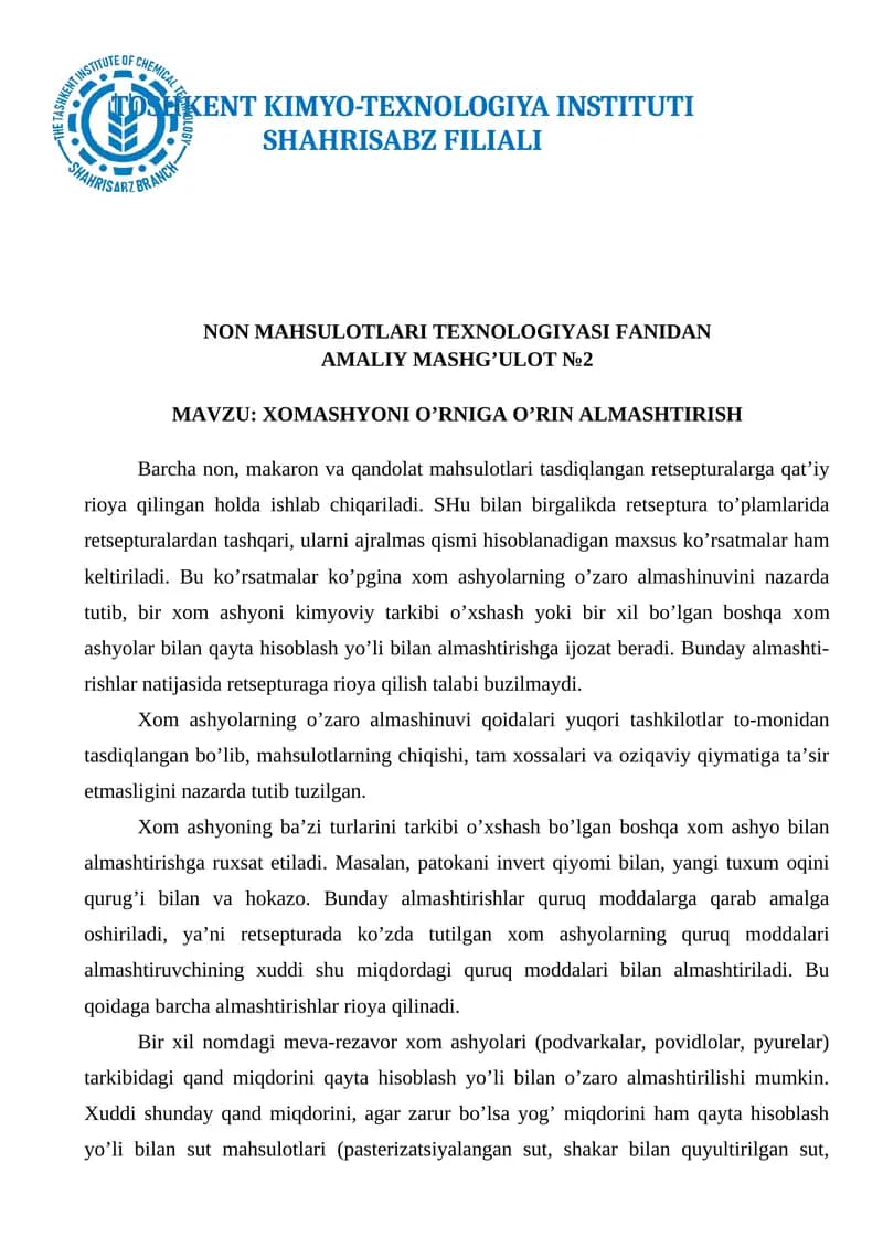NON MAHSULOTLARI TEXNOLOGIYASI FANIDAN AMALIY MASHG’ULOT №2