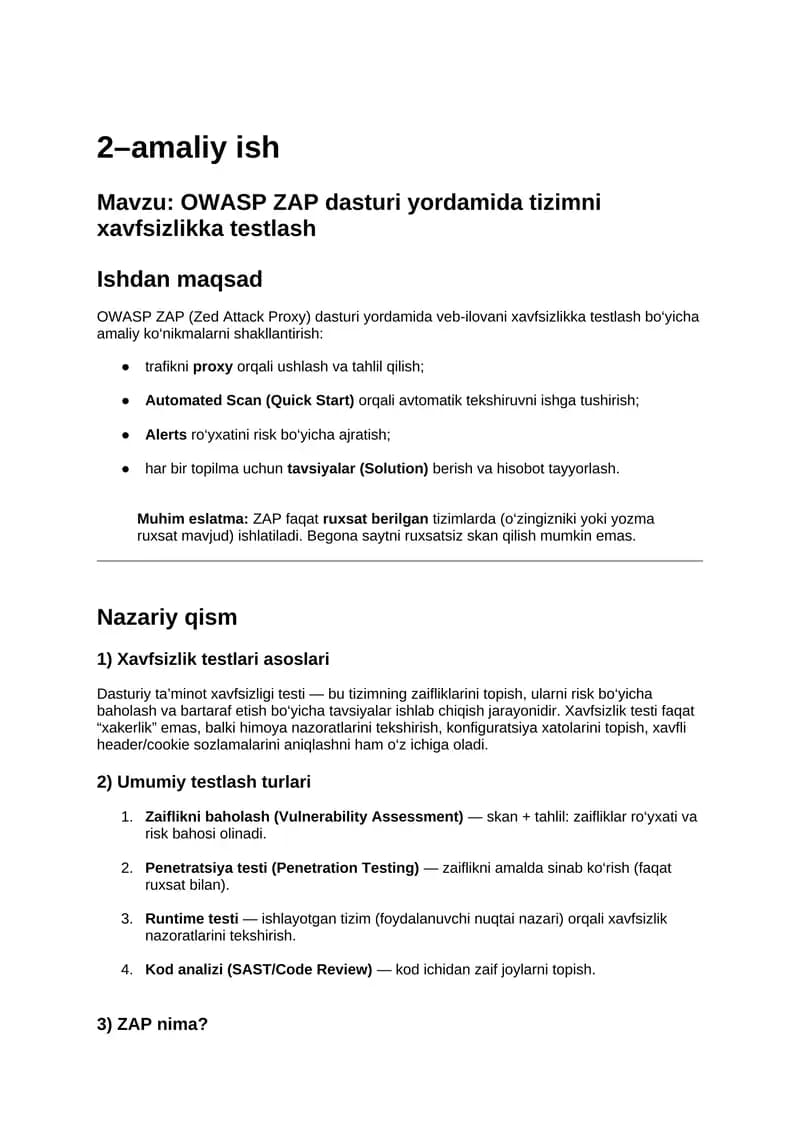 OWASP ZAP dasturi yordamida tizimni xavfsizlikka testlash