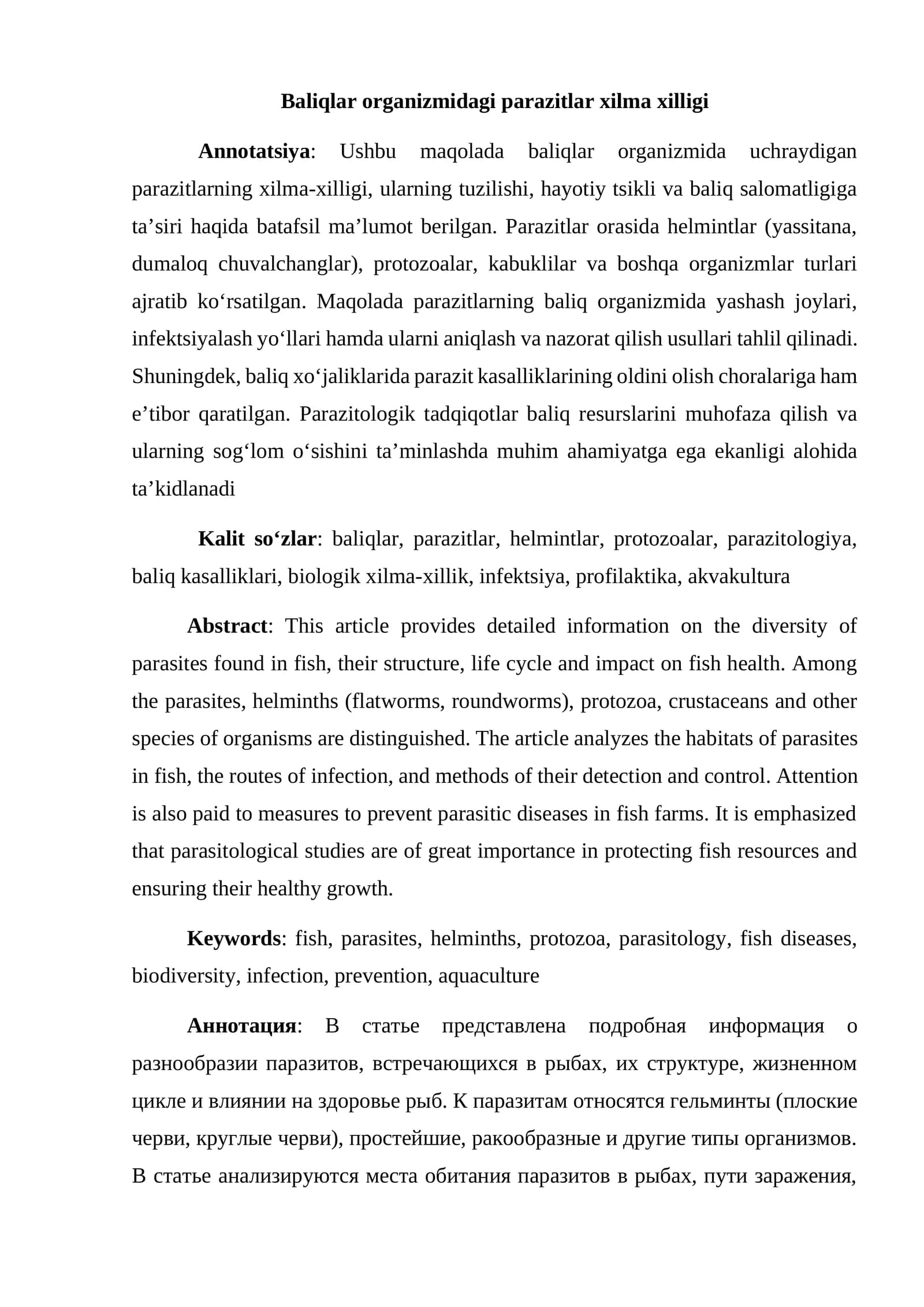 Baliqlar Organizmidagi Parazitlar Xilma-Xilligi