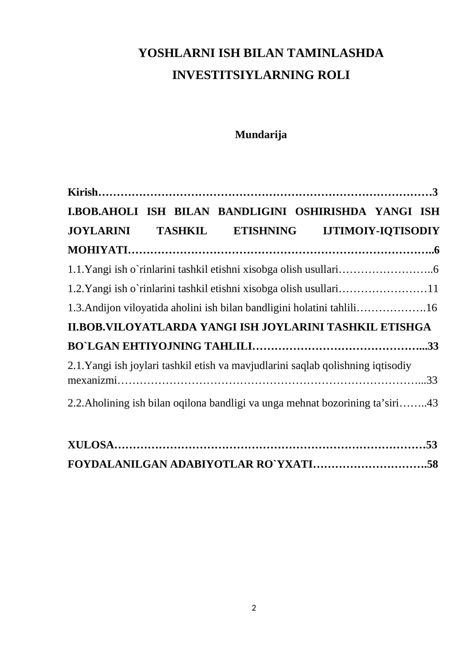 YOSHLARNI ISH BILAN TAMINLASHDA INVESTITSIYLARNING ROLI