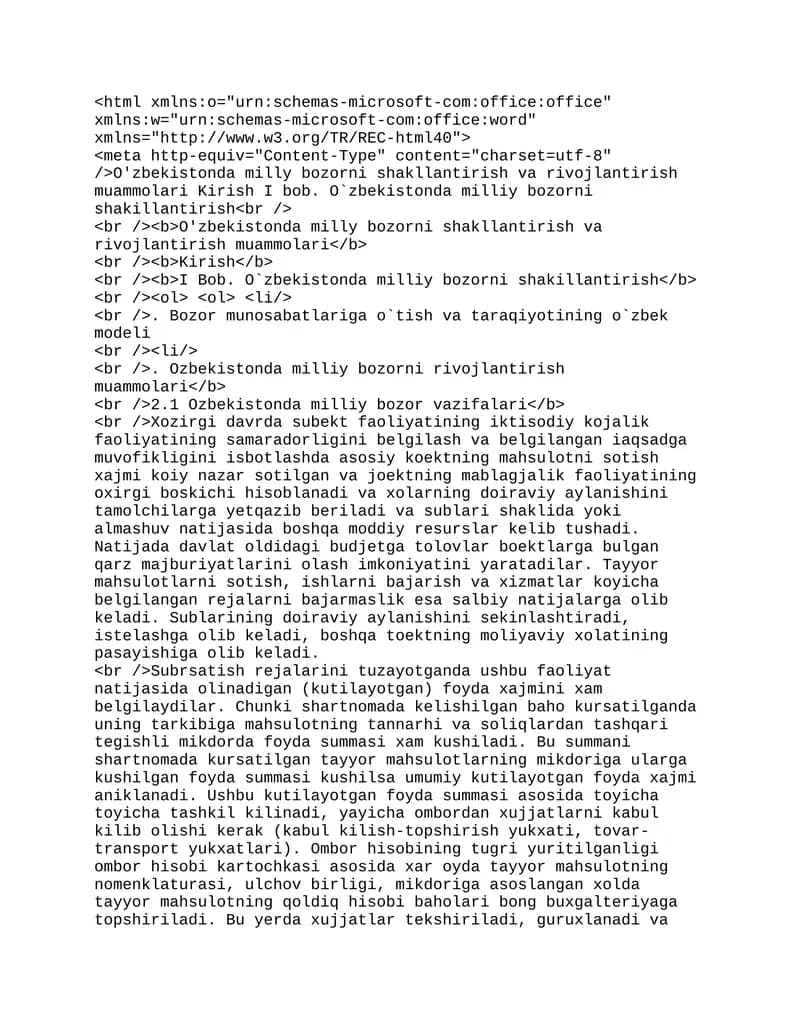 O'zbekistonda milly bozorni shakllantirish va rivojlantirish muammolari