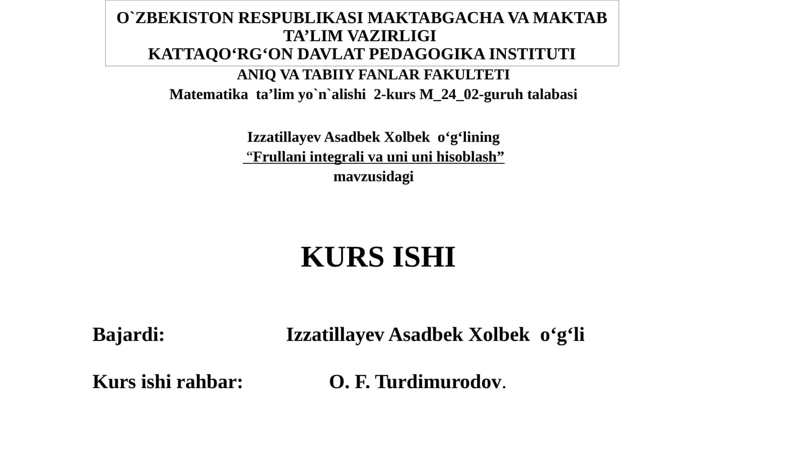 Frullani integrali va uni uni hisoblash