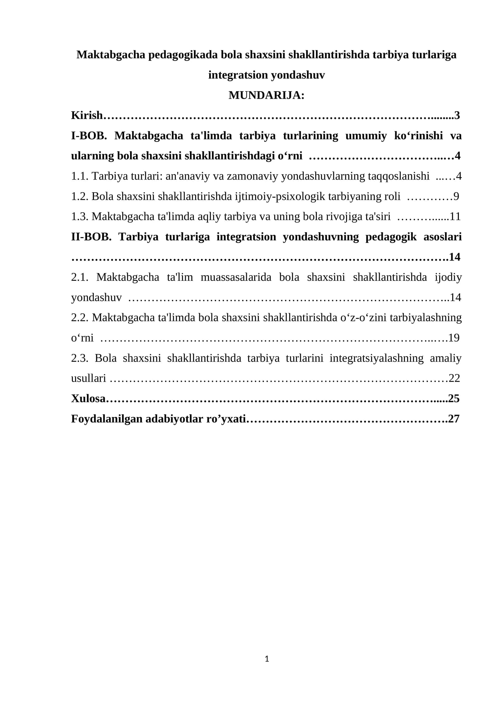 Maktabgacha pedagogikada bola shaxsini shakllantirishda tarbiya turlariga integratsion yondashuv