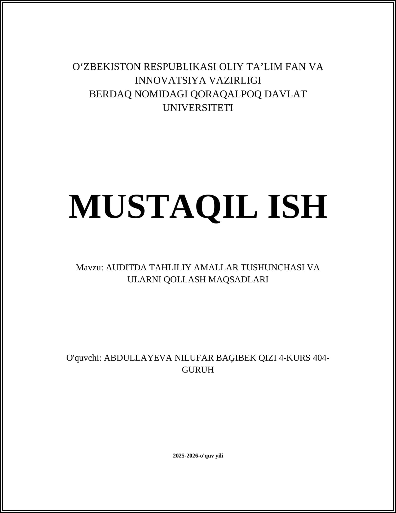 AUDITDA TAHLILIY AMALLAR TUSHUNCHASI VA ULARNI QOLLASH MAQSADLARI