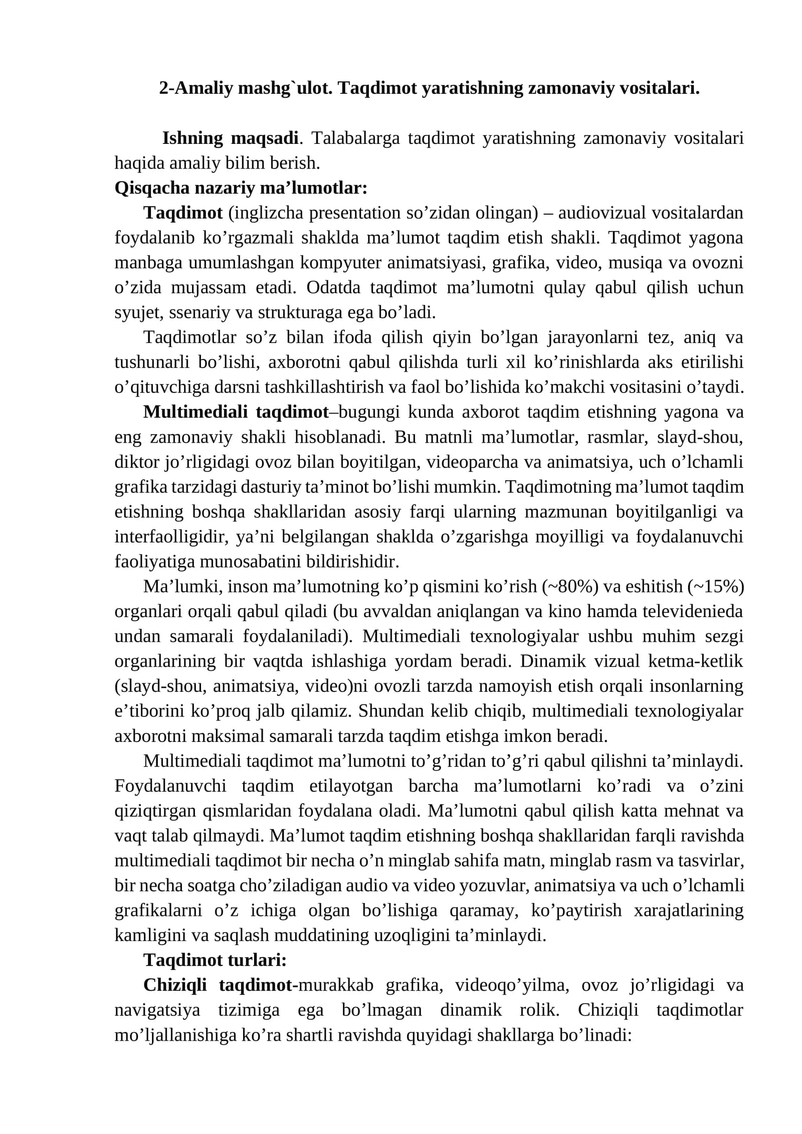 2-Amaliy mashg`ulot. Taqdimot yaratishning zamonaviy vositalari