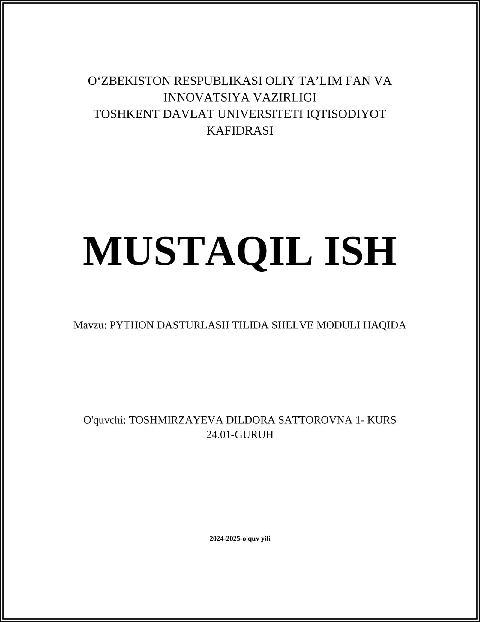 PYTHON DASTURLASH TILIDA SHELVE MODULI HAQIDA