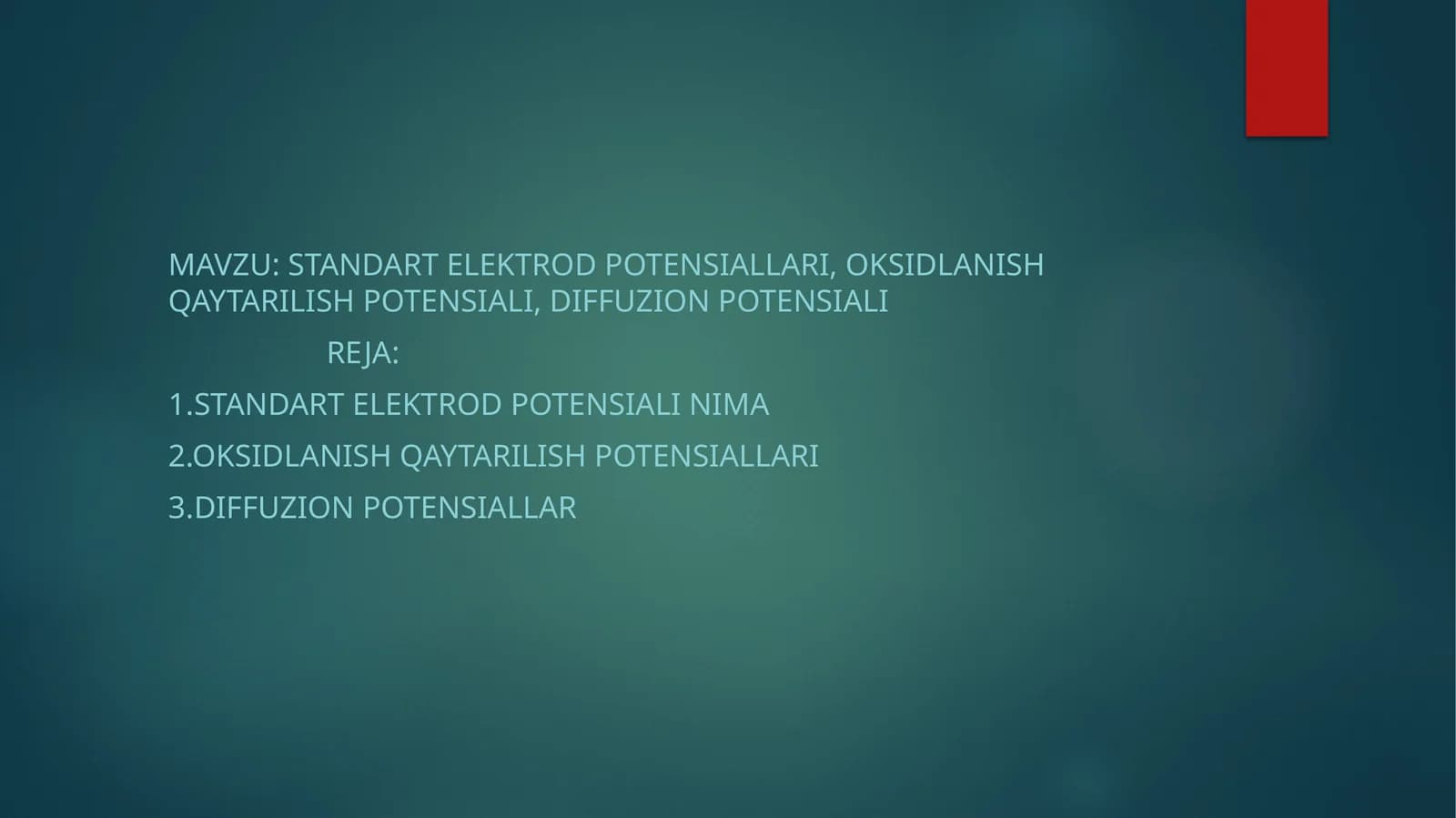STANDART ELEKTROD POTENSIALLARI, Oksidlanish qaytarilish potensiali, diffuzion potensiali