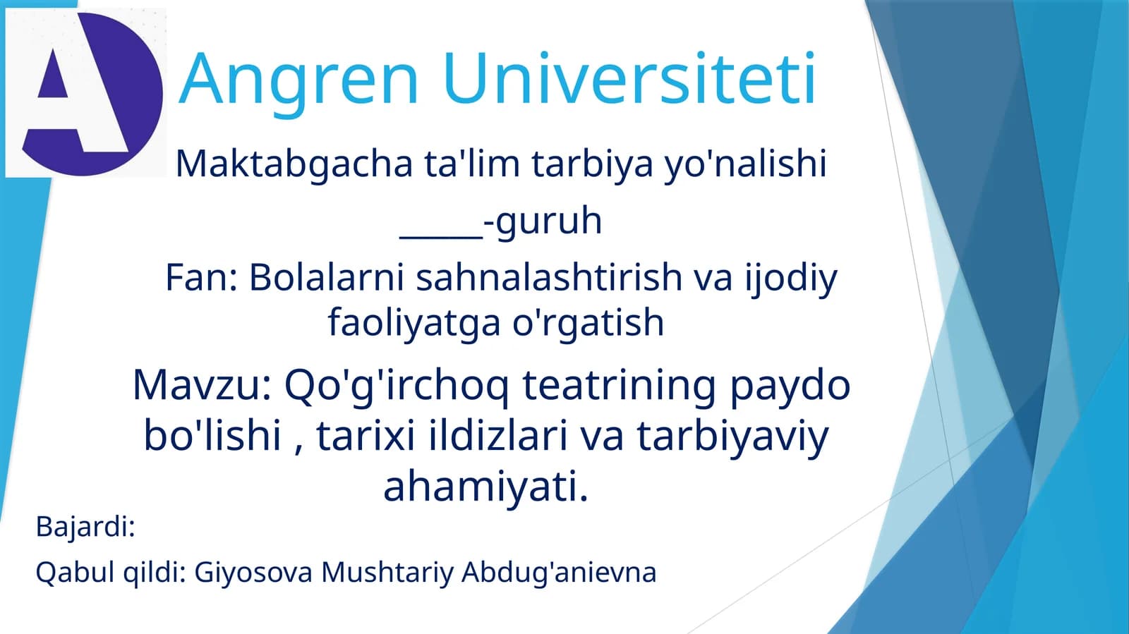 Angren Universiteti Maktabgacha Ta'lim Tarbiyayo'nalishi