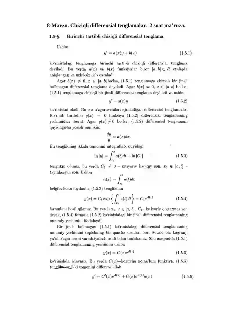 Chiziqli differensial tenglamalar.  2 soat ma’ruza.