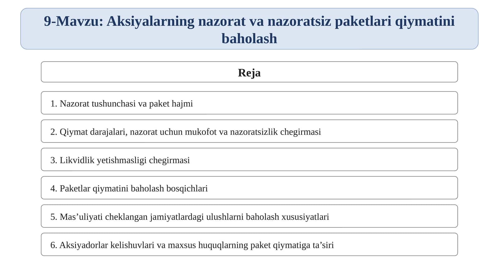 Aksiyalarning nazorat va nazoratsiz paketlari qiymatini baholash