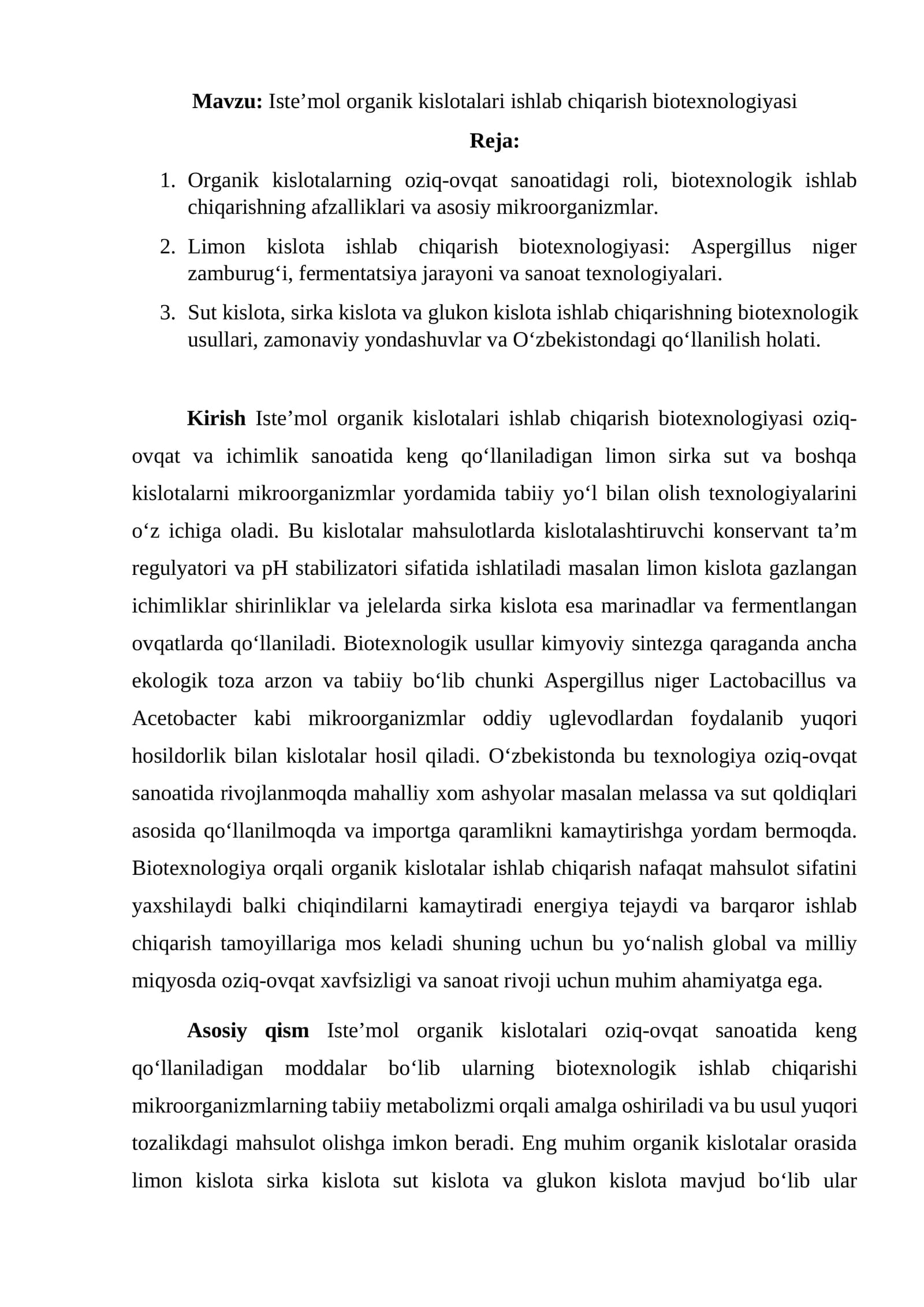 Iste’mol organik kislotalari ishlab chiqarish biotexnologiyasi