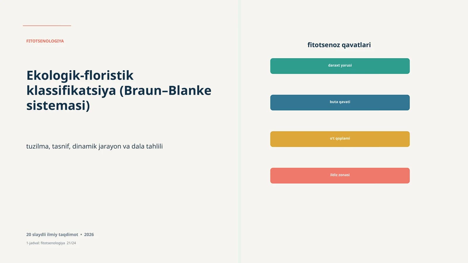 FITOTSENOLOGIYA Study of plant communities and their classification, including structure, classification, dynamic processes, and field analysis. Presentation includes 20 slides