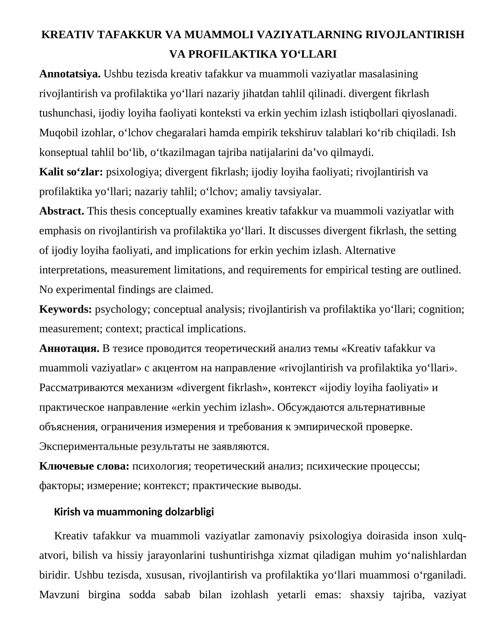 KREATIV TAFAKKUR VA MUAMMOLI VAZIYATLARNING RIVOJLANTIRISH VA PROFILAKTIKA YO‘LLARI