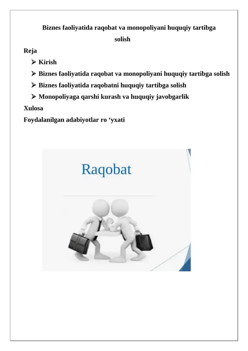 Biznes faoliyatida raqobat va monopoliyani huquqiy tartibga solish