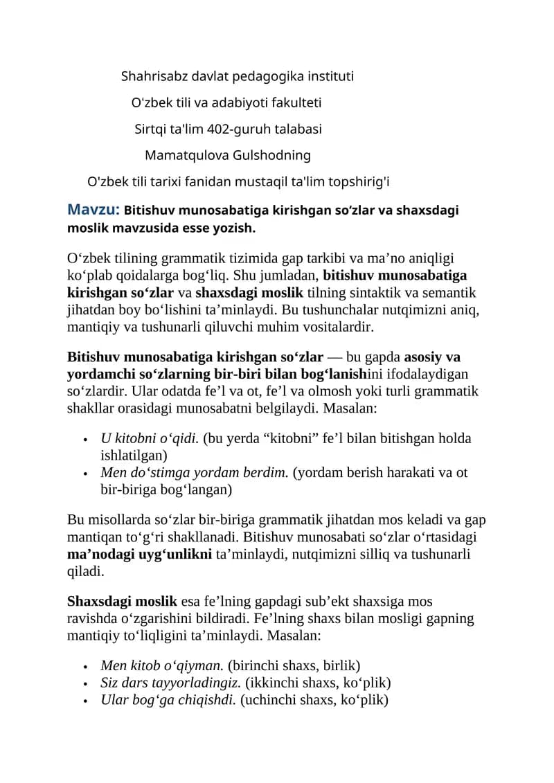 Bitishuv munosabatiga kirishgan so‘zlar va shaxsdagi moslik mavzusida esse yozish