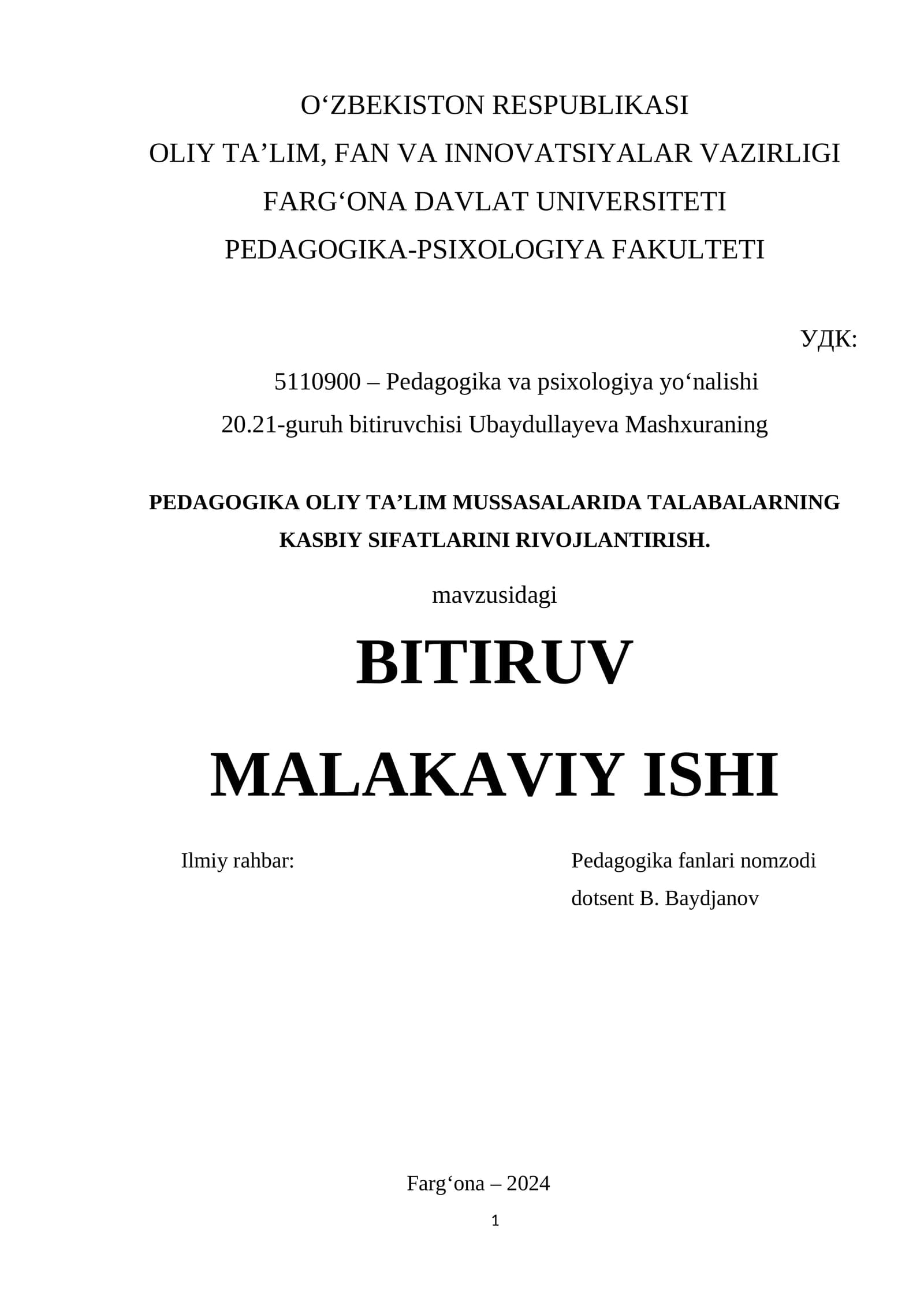 PEDAGOGIKA OLIY TA’LIM MUSSASALARIDA TALABALARNING KASBIY SIFATLARINI RIVOJLANTIRISH.