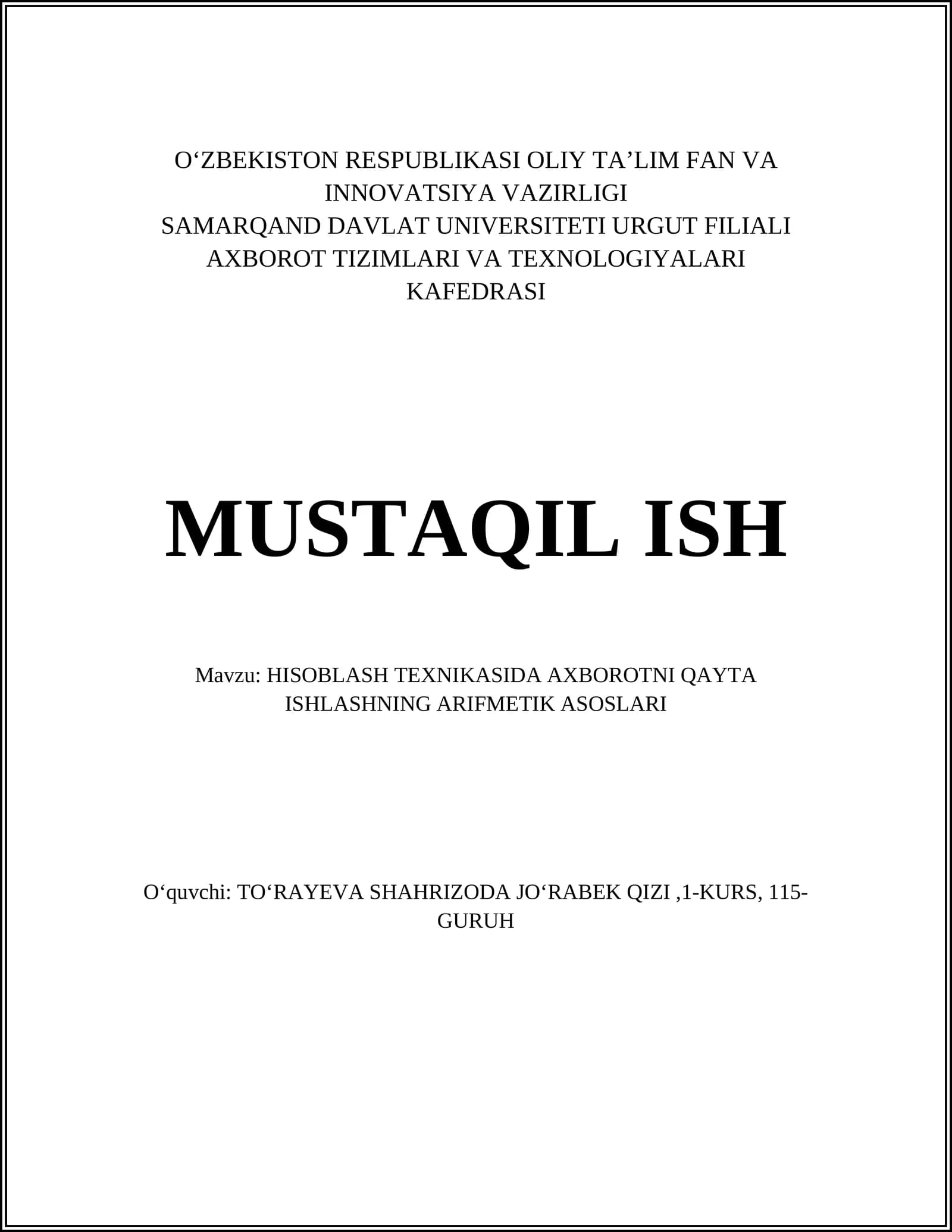 AXBOROTNI QAYTA ISHLASHNING ARIFMETIK ASOSLARI