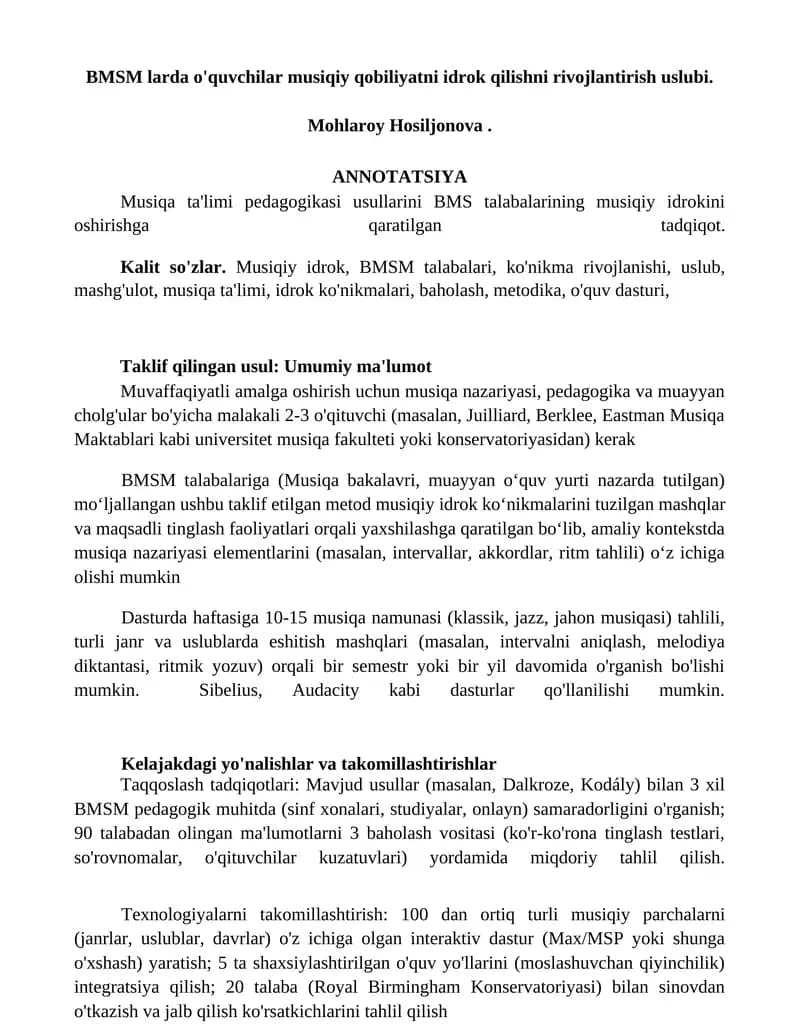 BMSM larda o'quvchilar musiqiy qobiliyatni idrok qilishni rivojlantirish uslubi