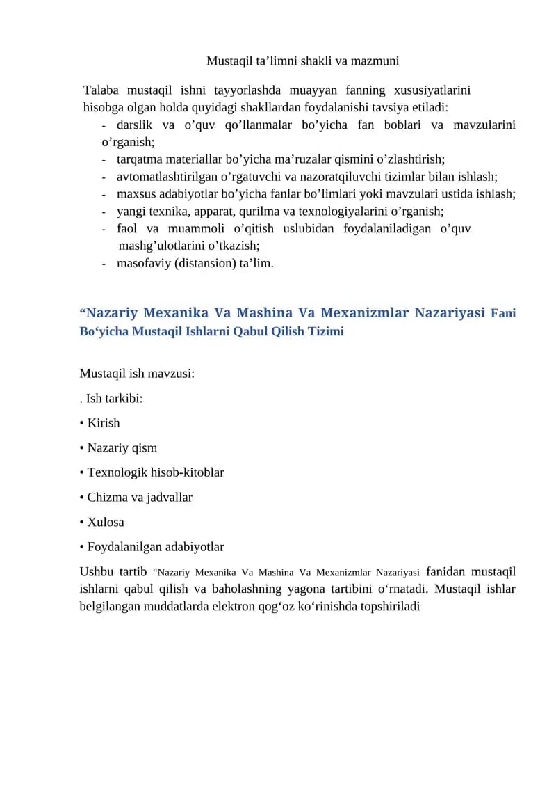 Nazariy Mexanika Va Mashina Va Mexanizmlar Nazariyasi Fani Bo‘yicha Mustaqil Ishlarni Qabul Qilish Tizimi