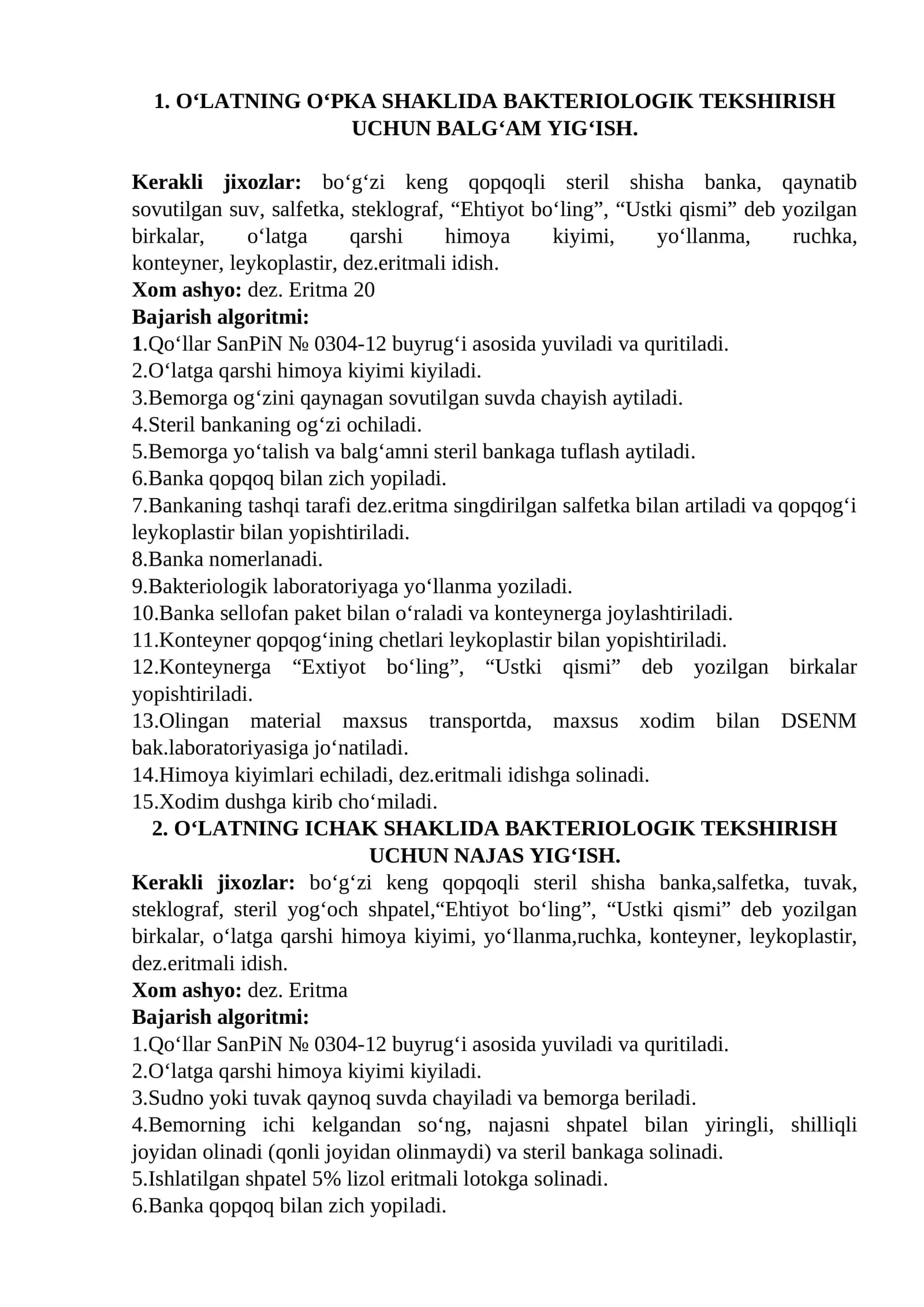 O‘LATNING O‘PKA SHAKLIDA BAKTERIOLOGIK TEKSHIRISH UCHUN BALG‘AM YIG‘ISH