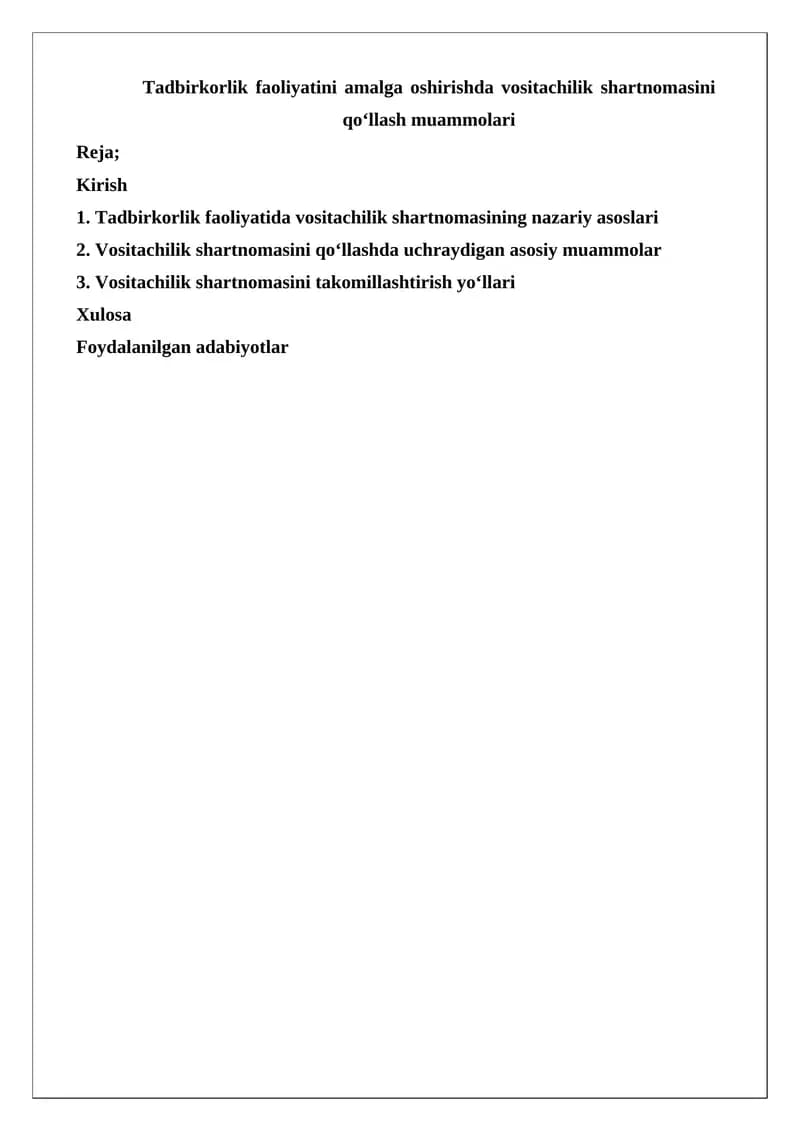 Vositachilik shartnomasini qo‘llash muammolari