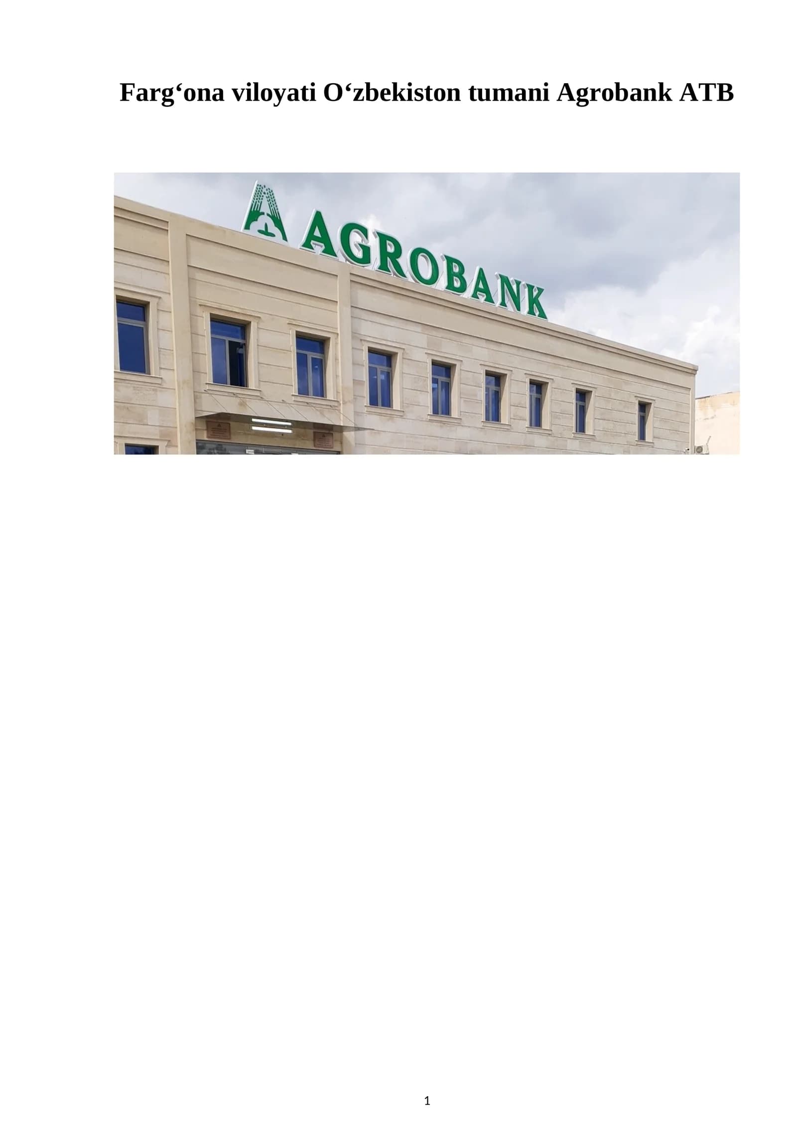Fargʻona viloyati Oʻzbekiston tumani Agrobank ATB 2026