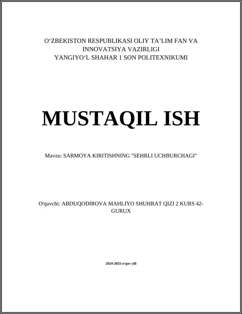 SARMOYA KIRITISHNING "SEHRLI UCHBURCHAGI"