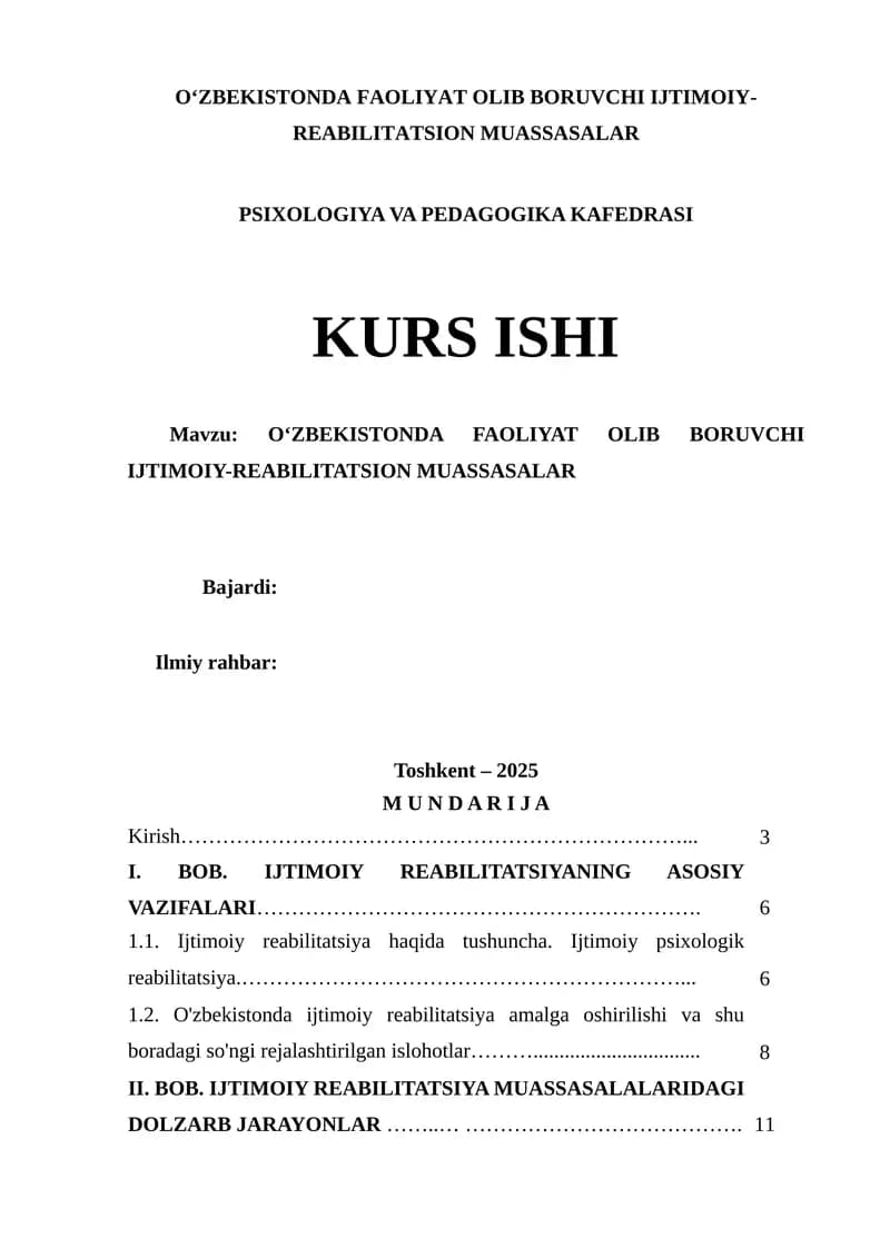 О‘ZBEKISTONDA FAOLIYAT OLIB BORUVCHI IJTIMOIY-REABILITATSION MUASSASALAR
