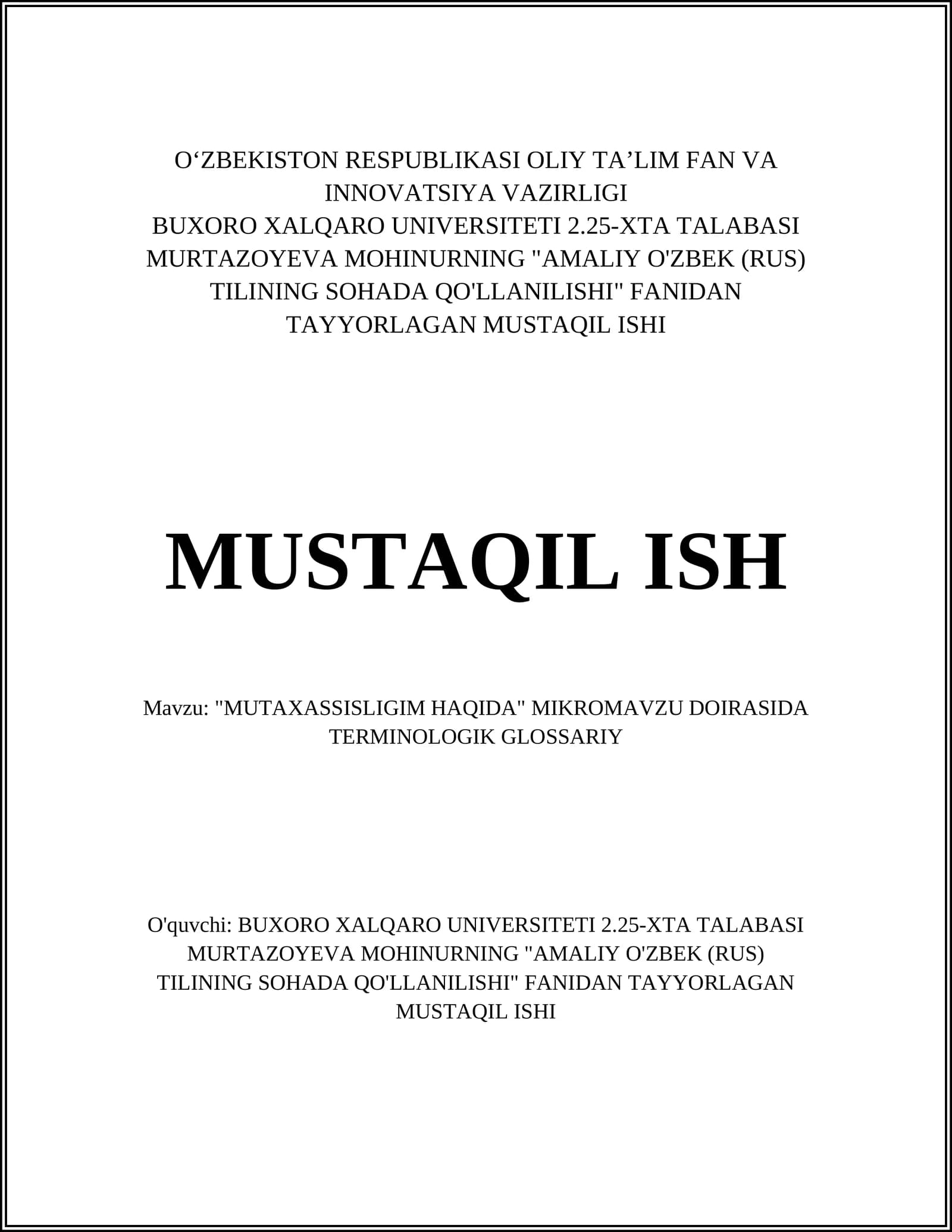 "MUTAXASSISLIGIM HAQIDA" MIKROMAVZU DOIRASIDA TERMINOLOGIK GLOSSARIY