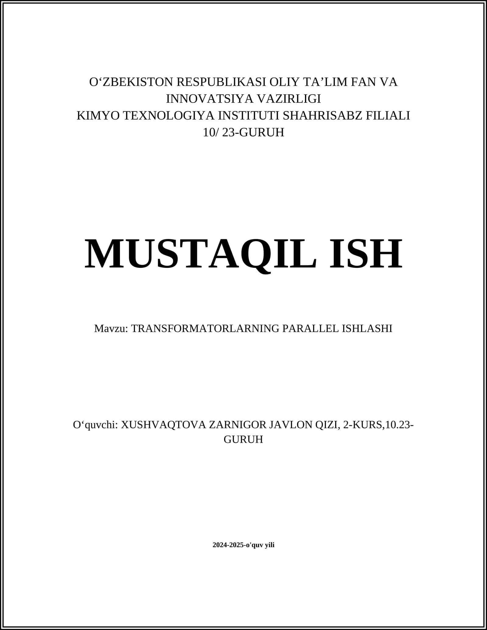 TRANSFORMATORLARNING PARALLEL ISHLASHI