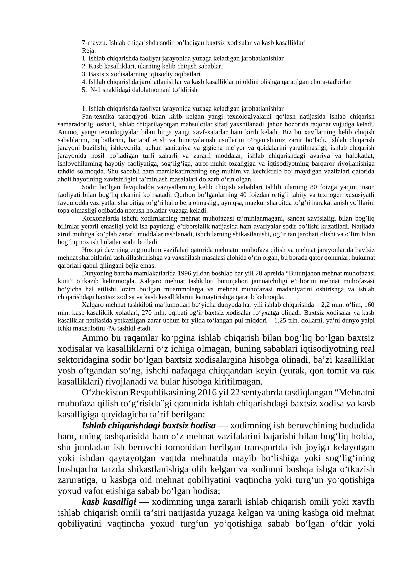 Ishlab chiqarishda sodir bo’ladigan baxtsiz xodisalar va kasb kasalliklari