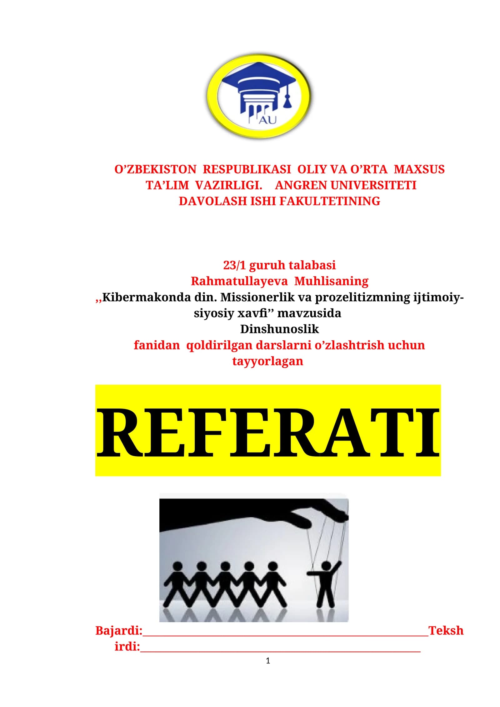 Kibermakonda din. Missionerlik va prozelitizmning ijtimoiy-siyosiy xavfi REFERATI