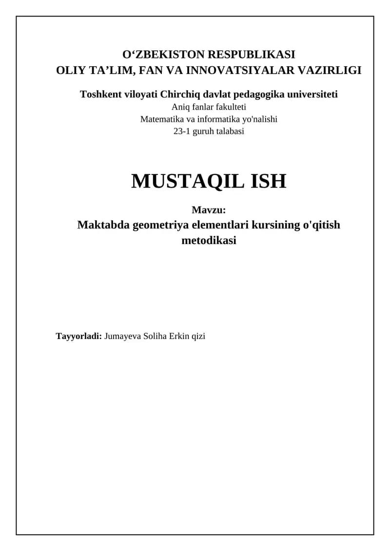 Maktabda geometriya elementlari kursining o'qitish metodikasi