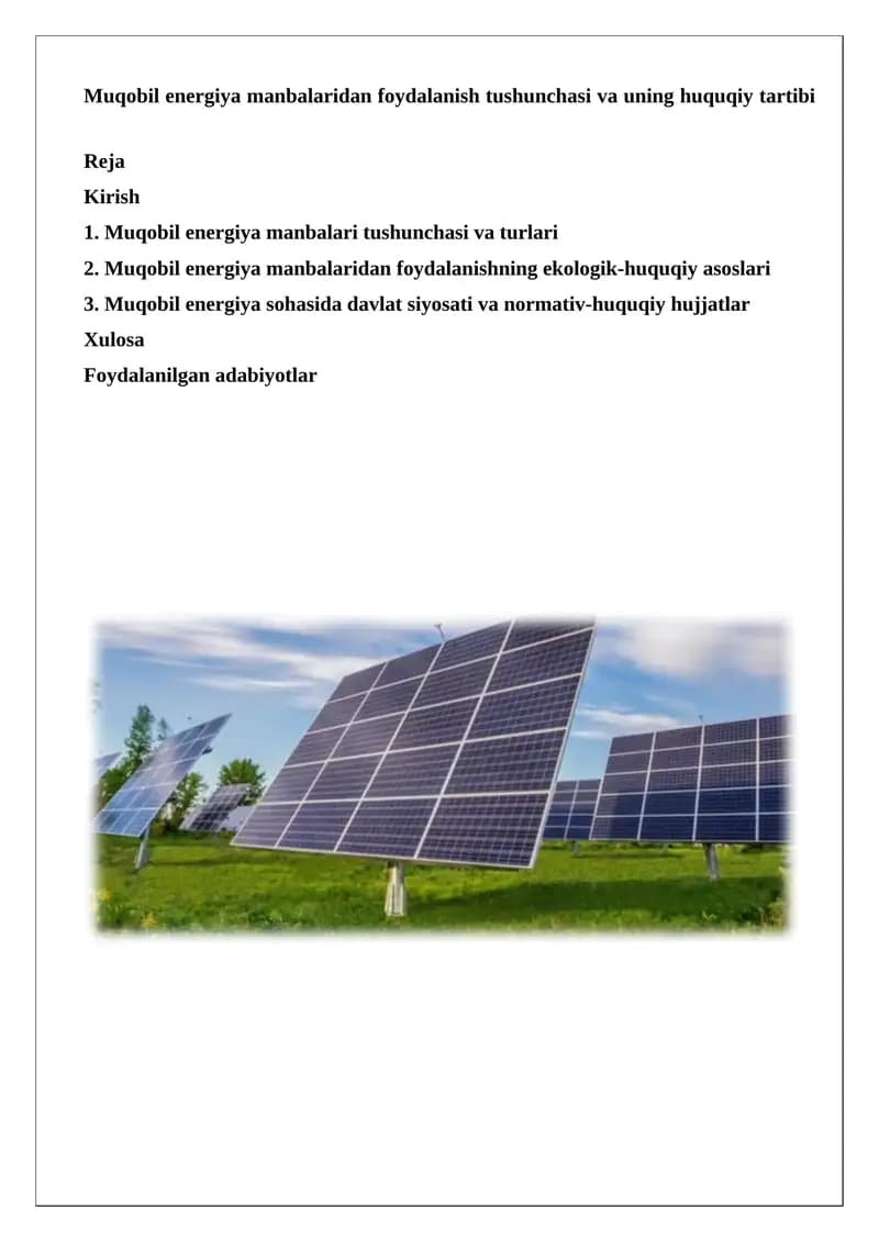 Muqobil energiya manbalaridan foydalanish tushunchasi va uning huquqiy tartibi