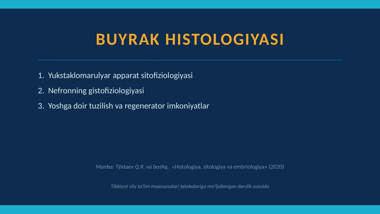 Buyrakning yukstaglomerulyar apparati sitofiziologiyasi.Nefronning gistofiziologiyasi.Buyraklar tuzilishi va regenerator imkoniyatlarining yoshga doir xususiyatlari
