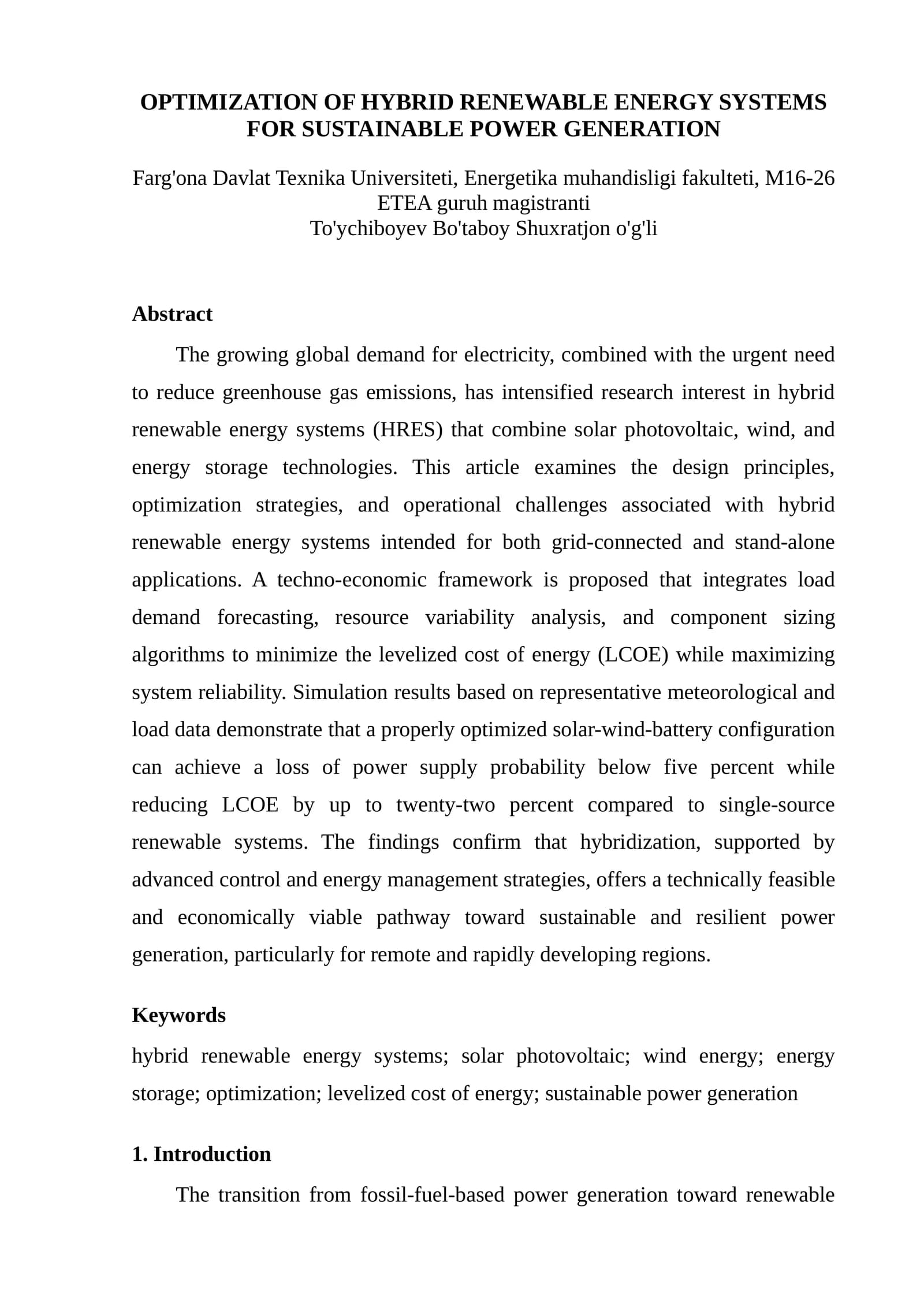 OPTIMIZATION OF HYBRID RENEWABLE ENERGY SYSTEMS FOR SUSTAINABLE POWER GENERATION