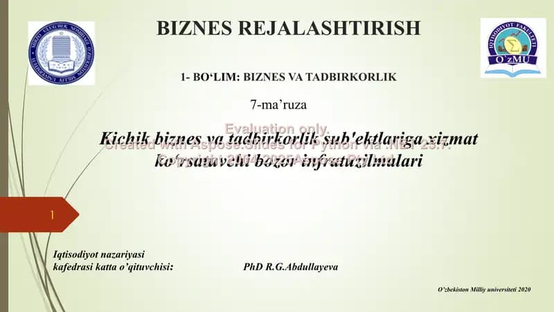 Kichik Biznes va Tadbirkorlik Sub'ektlariga Xizmat Ko‘rsatuvchi Bozor Infratuzilmalari